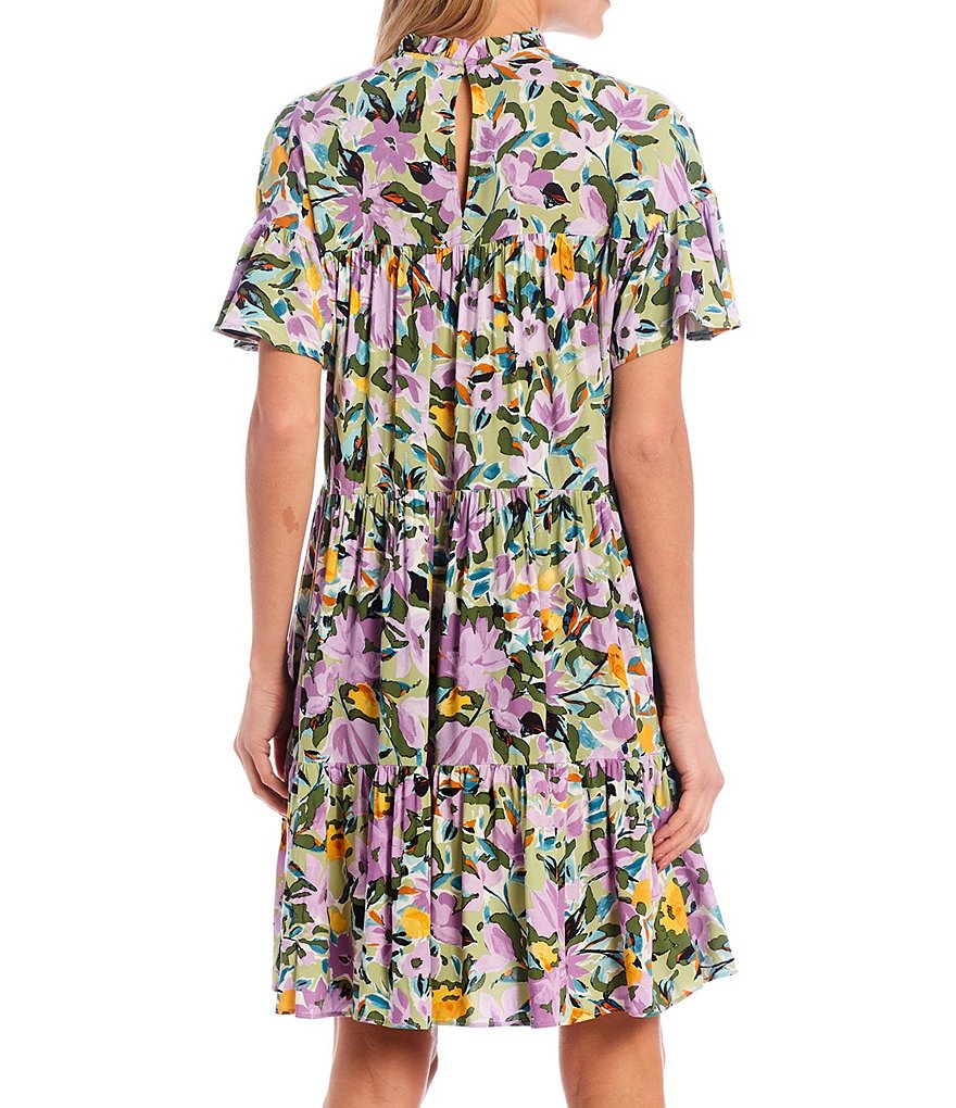 Donna Morgan Flutter Sleeve Ruffle Mockneck Floral Challis Swing Dress
