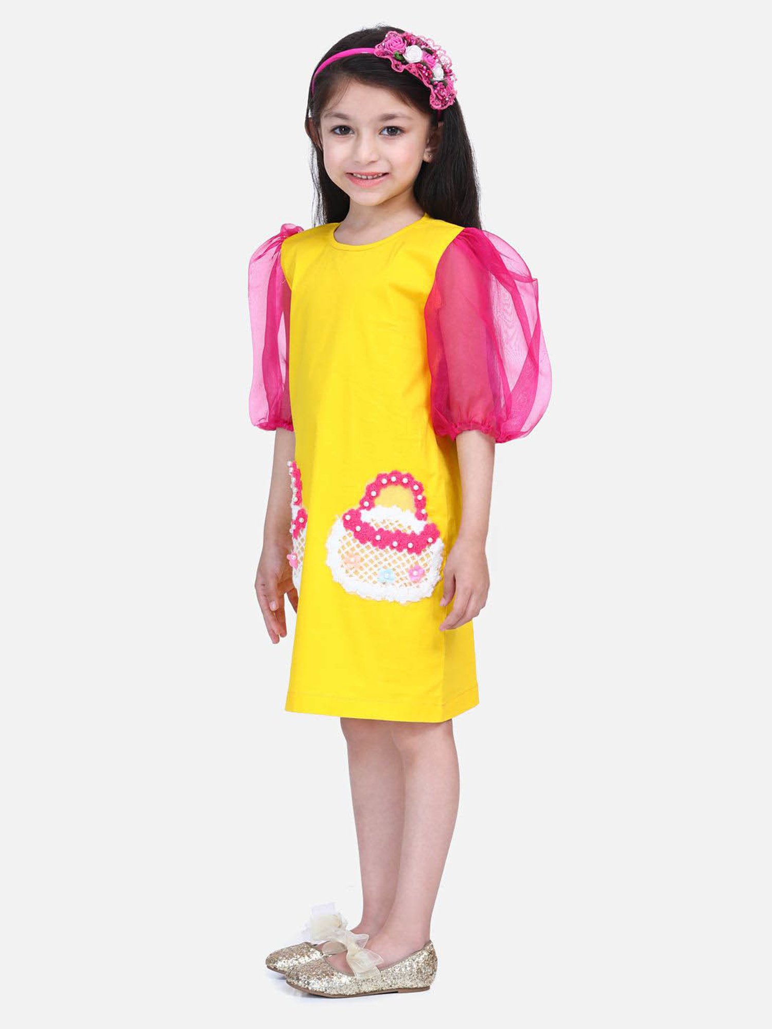 LilPicks Kids Yellow & Pink Cotton Embelished Dress