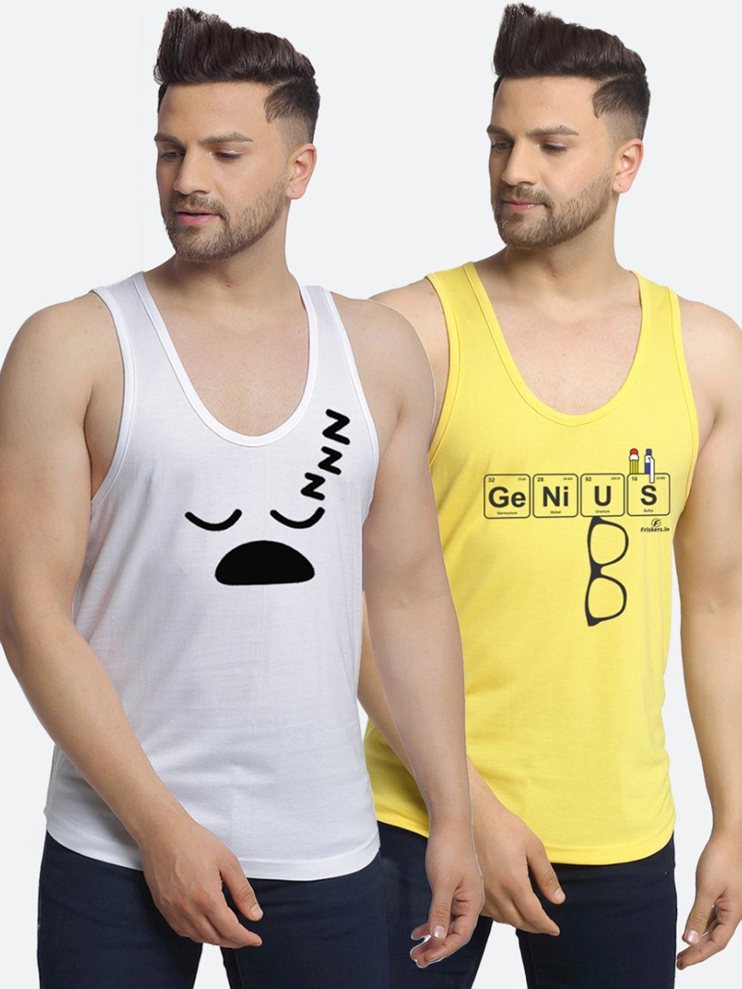 Friskers Multi Cotton Slim Fit Printed Gym Vest - Pack of 2
