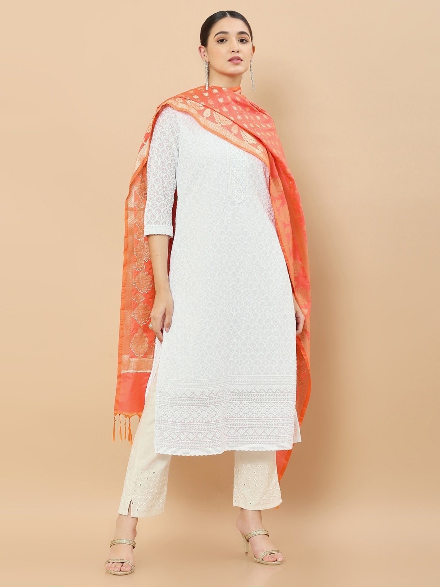 Soch Peach Woven Pattern Dupatta