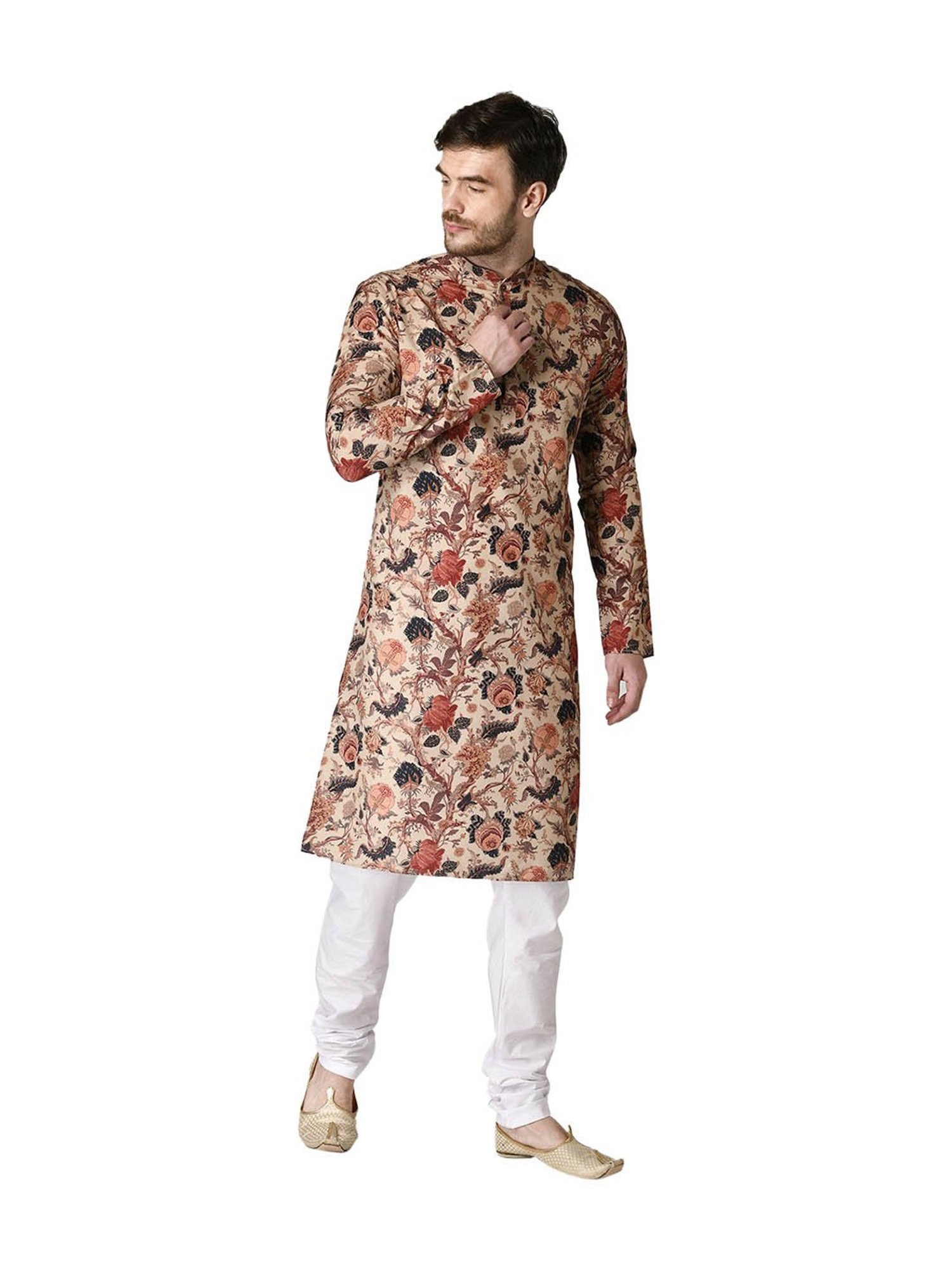 Tabard Beige & White Printed Cotton Kurta & Churidar Set