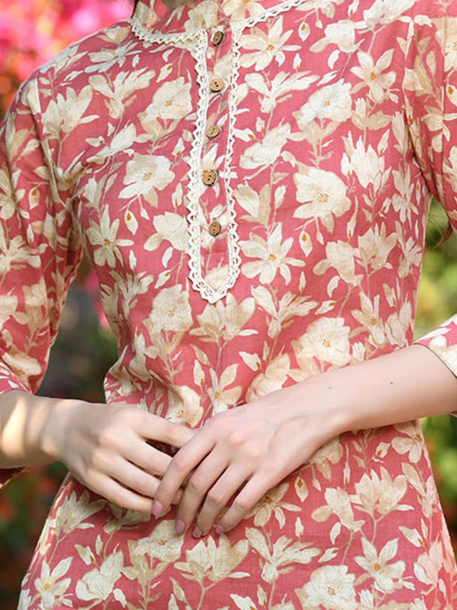 DECKEDUP Peach & Beige Cotton Floral Print Tunic