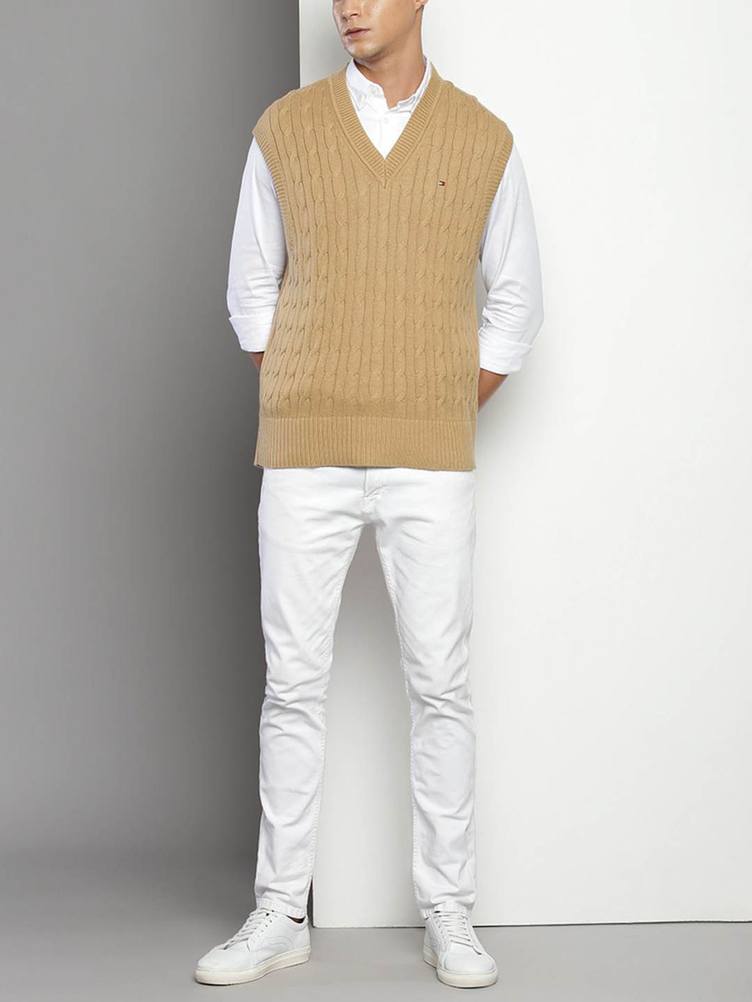 Tommy Hilfiger Khaki Cotton Relaxed Fit Self Pattern Sweater