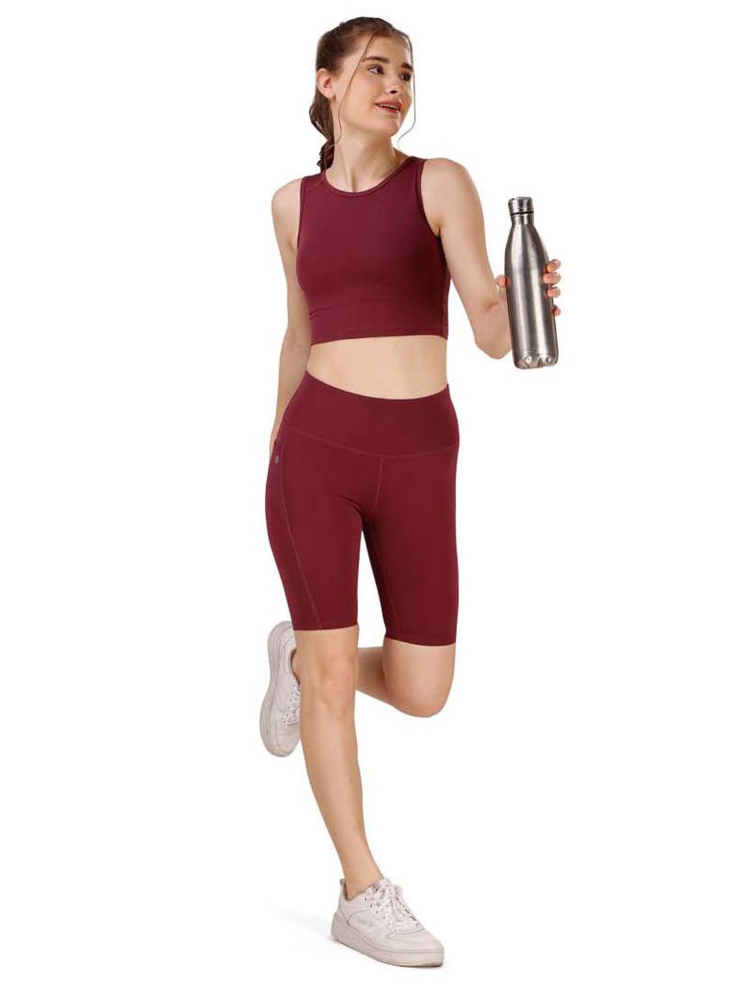 Soie Maroon Sports Crop Top Shorts Set
