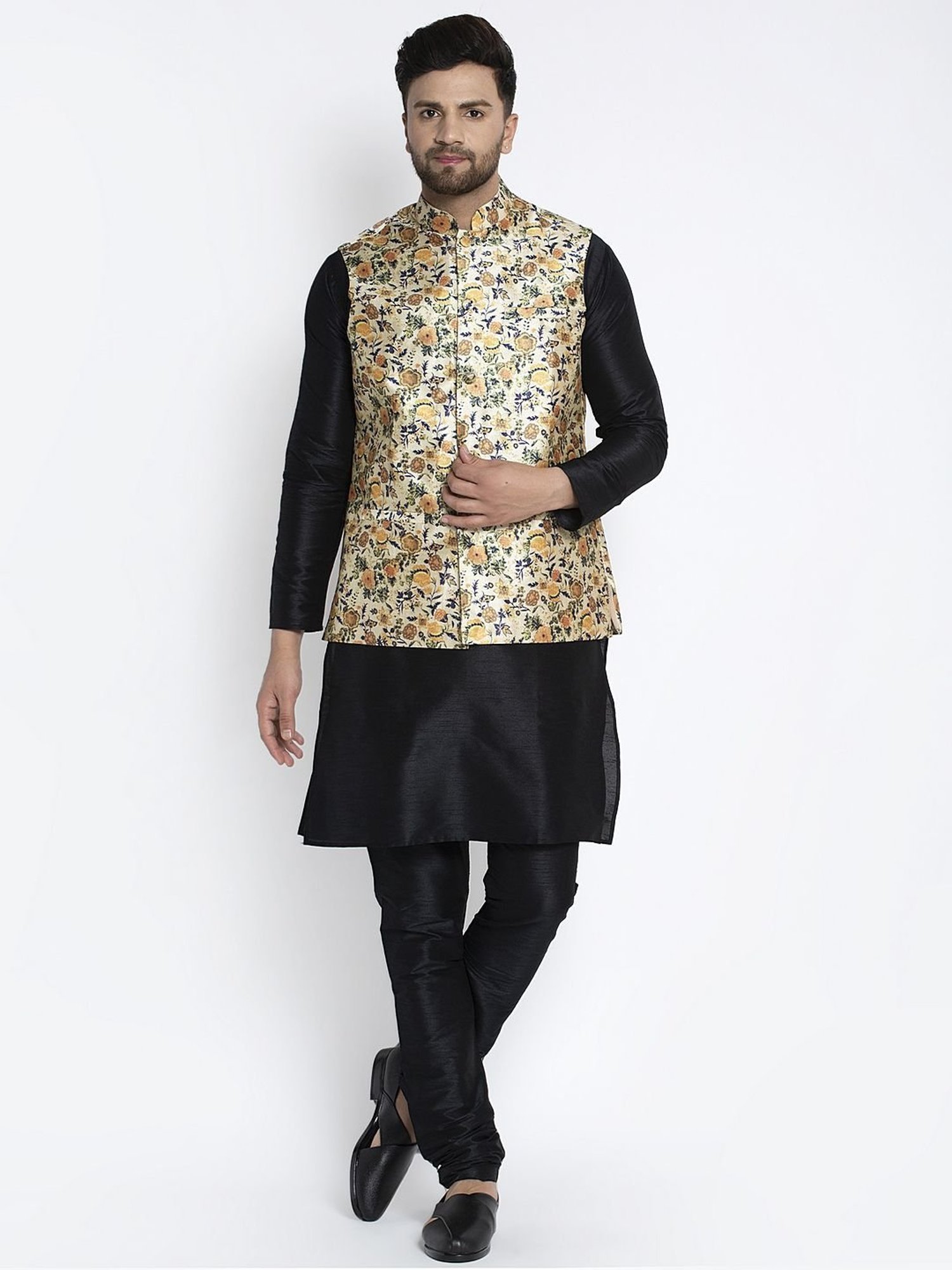 Benstoke Black & Lime Green Regular Fit Floral Print Kurta Set With Jacket