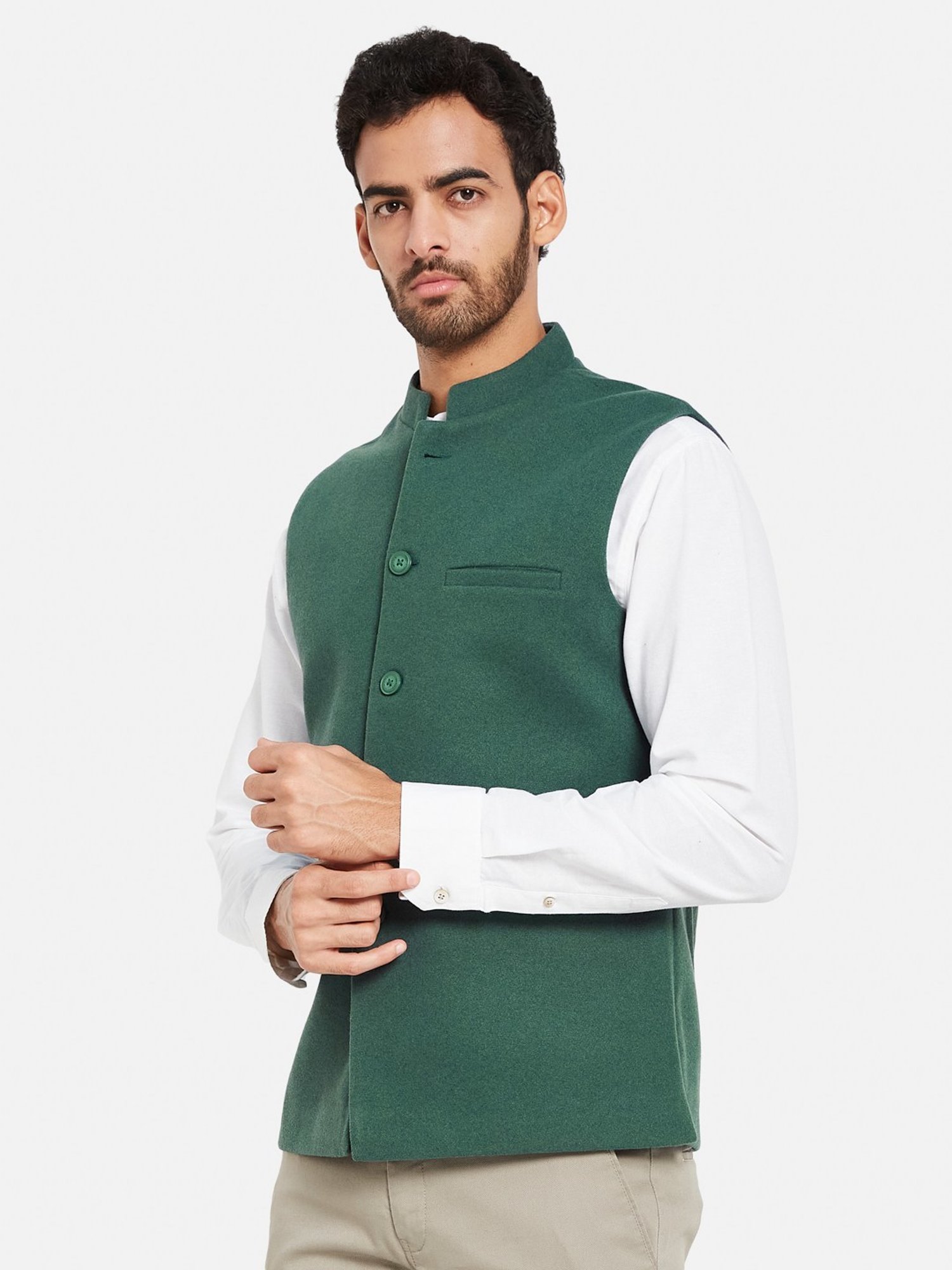 METTLE Teal Green Cotton Linen Regular Fit Nehru Jacket