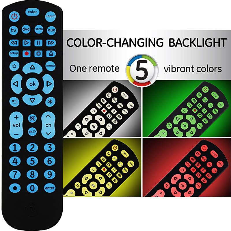 Color Select Backlit Universal Remote Control for Samsung, Vizio, LG, Sony, Sharp, Roku, Apple TV, RCA, Panasonic, Smart TV, Streaming Players, Blu-Ray, DVD, 4-Device, Black, 44220