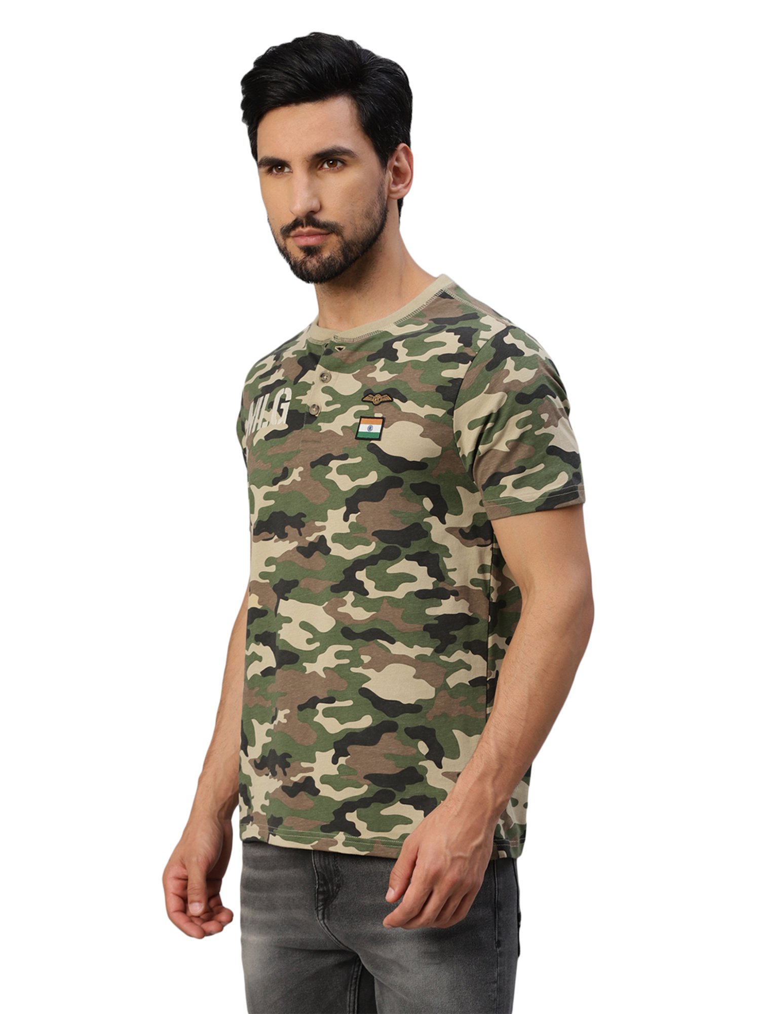 Royal Enfield MLG Urban Olive Regular Fit Camo Print Henley T-Shirt