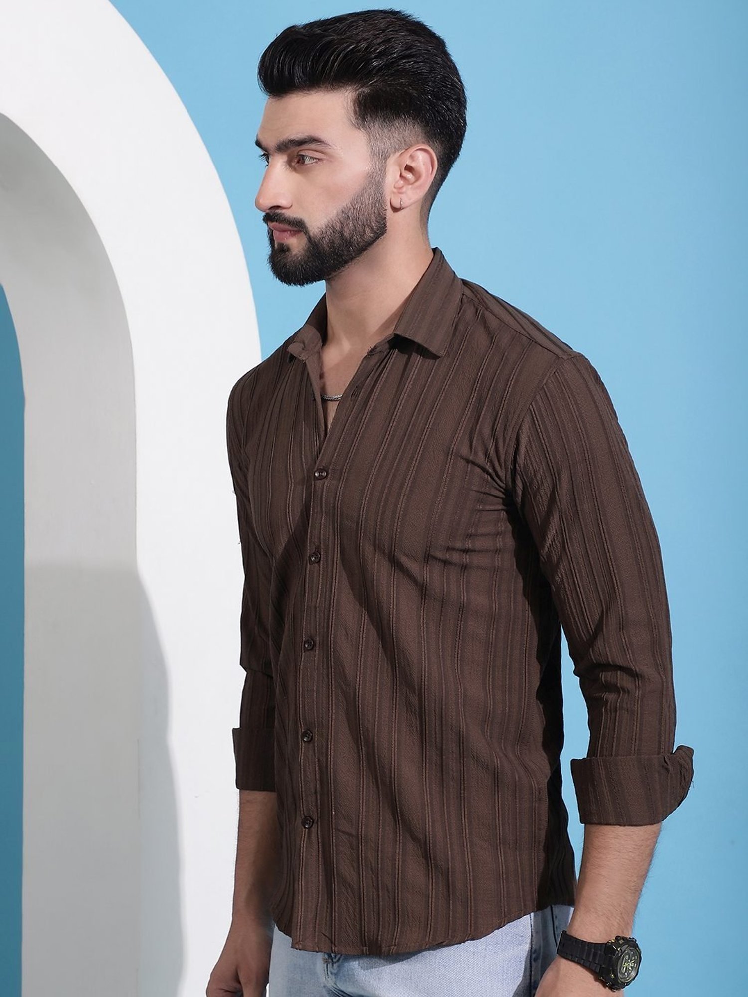 Indian Needle Coffee Regular Fit Striped Shirt