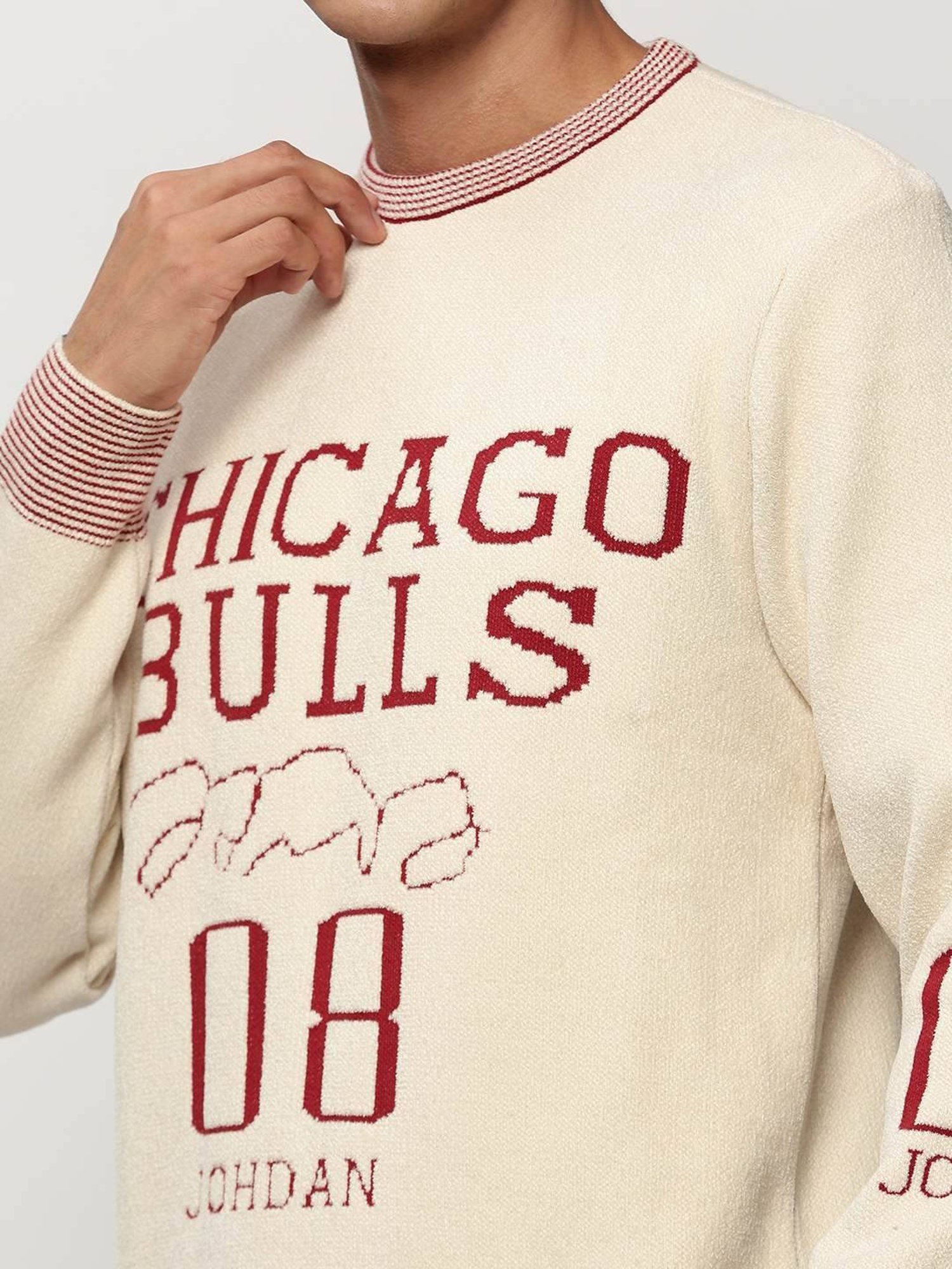 SHOWOFF Cream Slim Fit Self Pattern Sweater