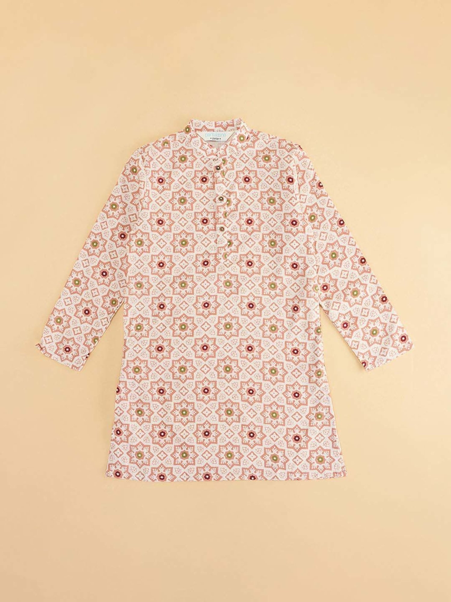 Indus Route by Pantaloons Kids Coral Cotton Floral Print Full Sleeves Kurta