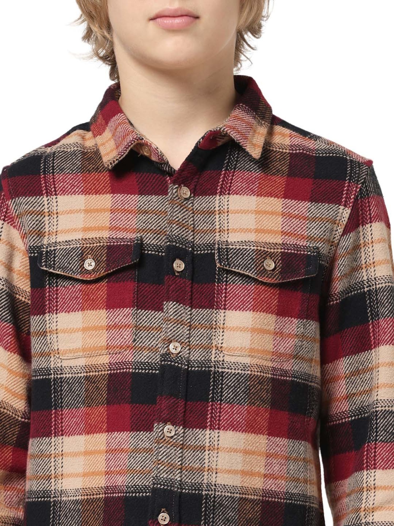 Jack & Jones Junior Maroon & Cream Cotton Chequered Full Sleeves Shirt
