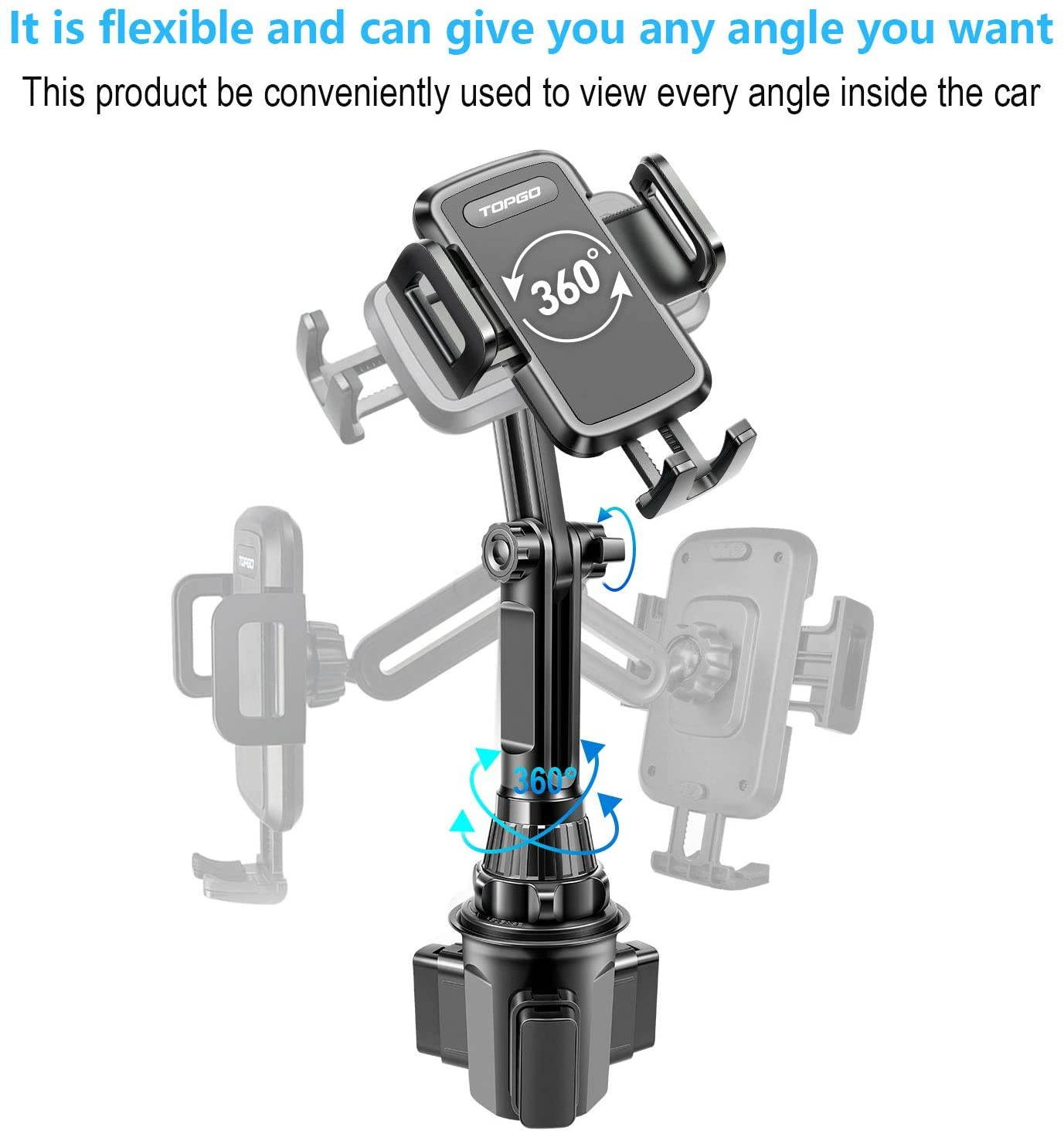 Car-Cup-Holder-Phone-Mount Adjustable Long Pole Automobile Cup Holder Smart Phone Cradle Car Mount for iPhone 11 Pro/XR/XS Max/X/8/7 Plus/6s/Samsung S10 /Note 9/S8 Plus/S7 Edge-Black