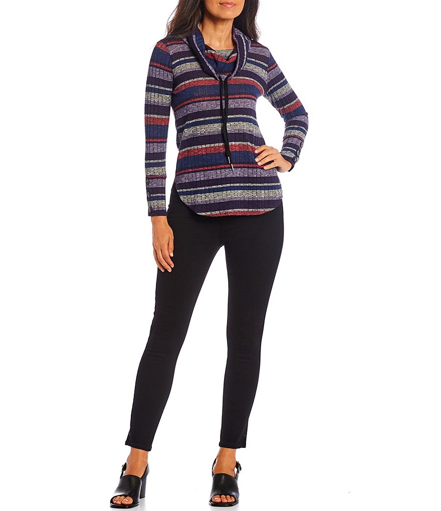I.N. Studio Petite Size Stripe Print Drawstring Cowl Neck Long Sleeve Knit Top