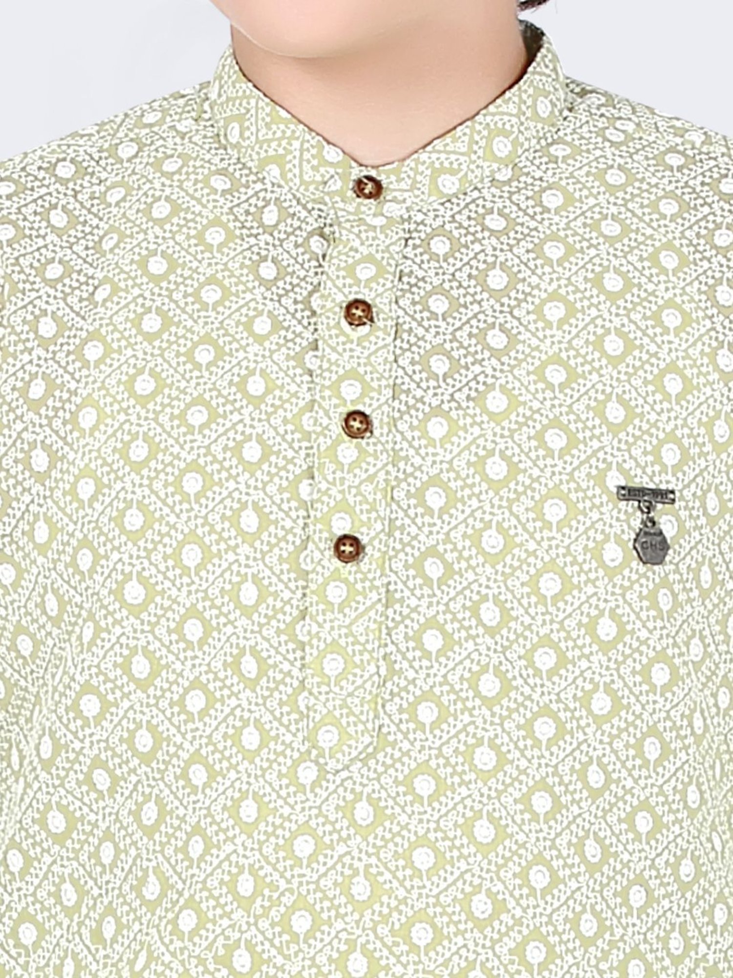 Cavio Kids Pista Green & White Cotton Embroidered Full Sleeves Kurta Set