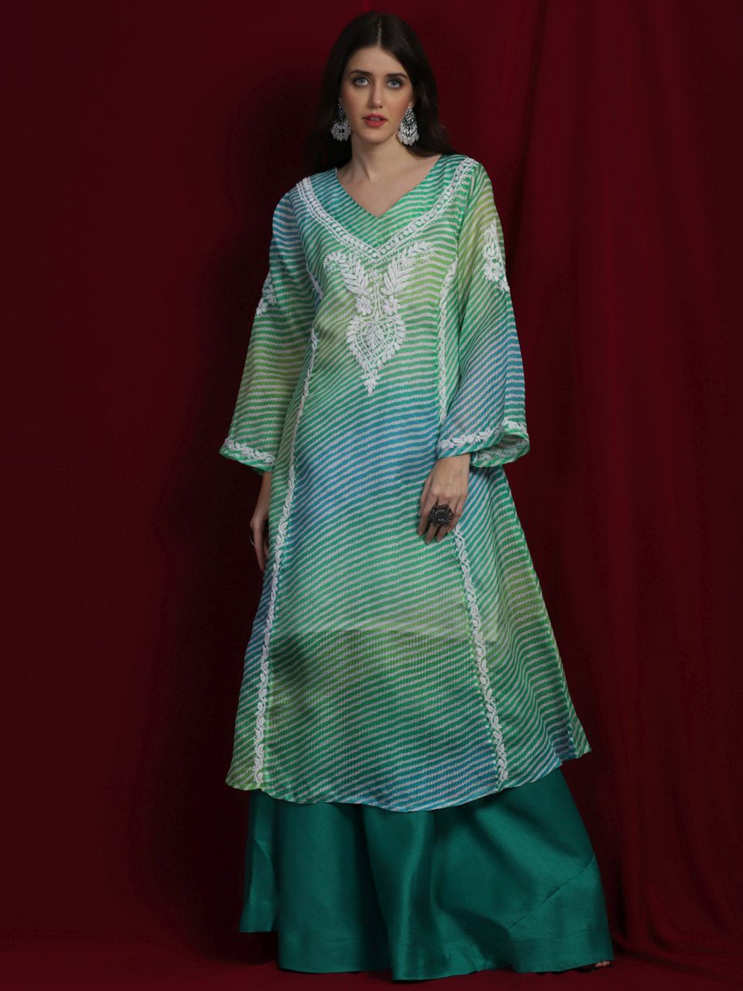 SHADES Green Cotton Chikankari Chikankari Straight Kurta