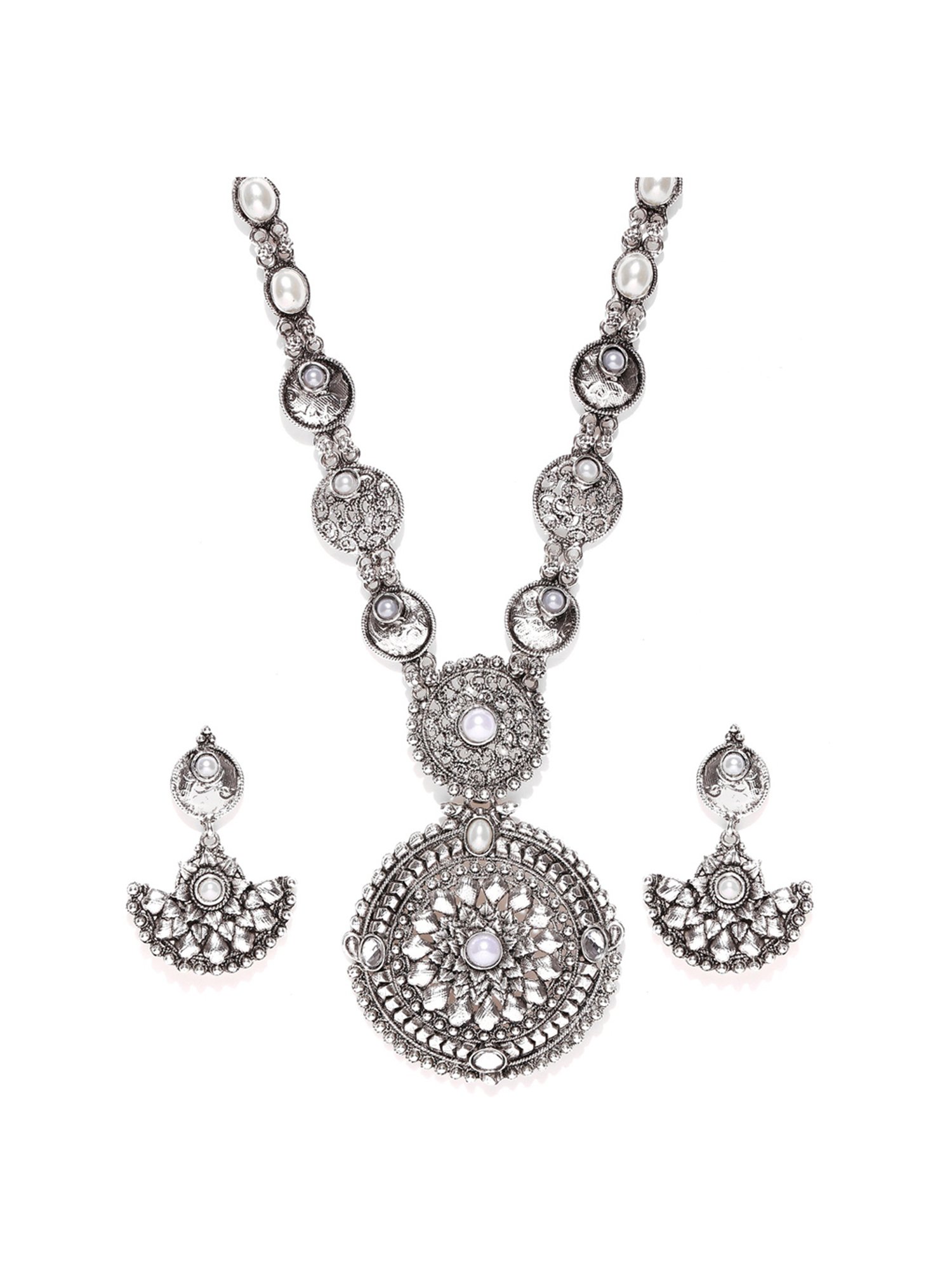 Zaveri Pearls Silver Alloy Antique Filigree Necklace Set