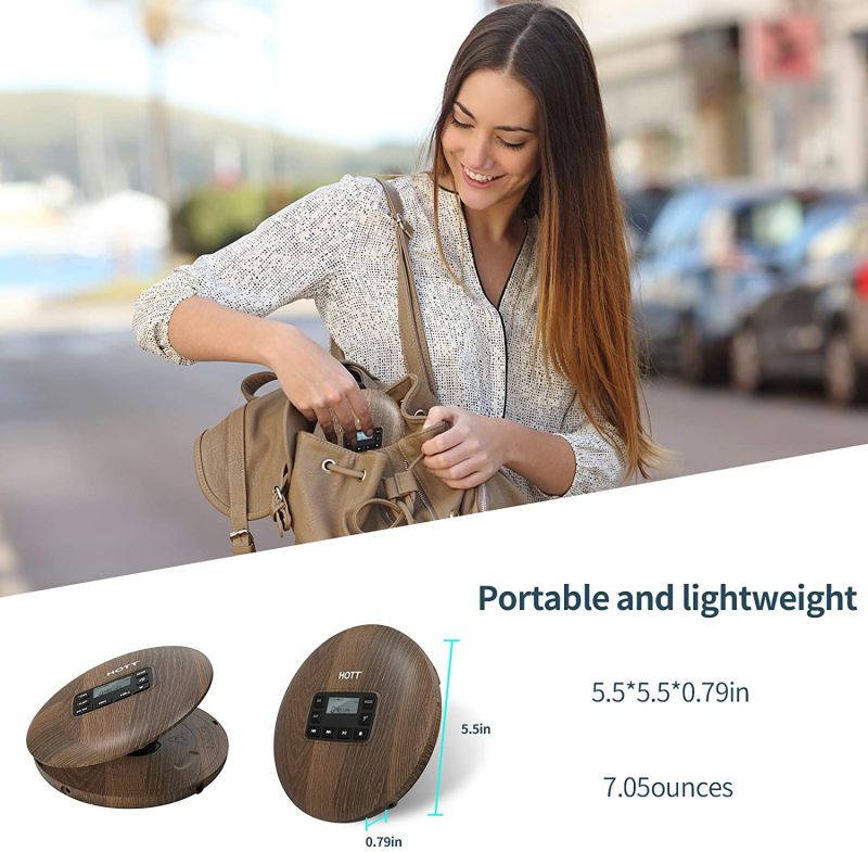 HOTT CD611 Portable CD Player for Home Travel and Car with Stereo Headphones, Anti-Shock ,Wood Grain Pattern