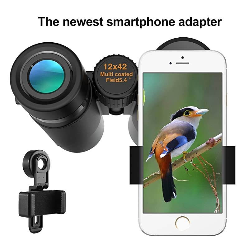 12X42 Binoculars with Phone Adapter Professional HD Compact Waterproof and Fogproof Telescope SportsBAK4 Prism FMC Lens for Bird Watching Hiking Stargazing Hunting Concert with Carrying Bag
