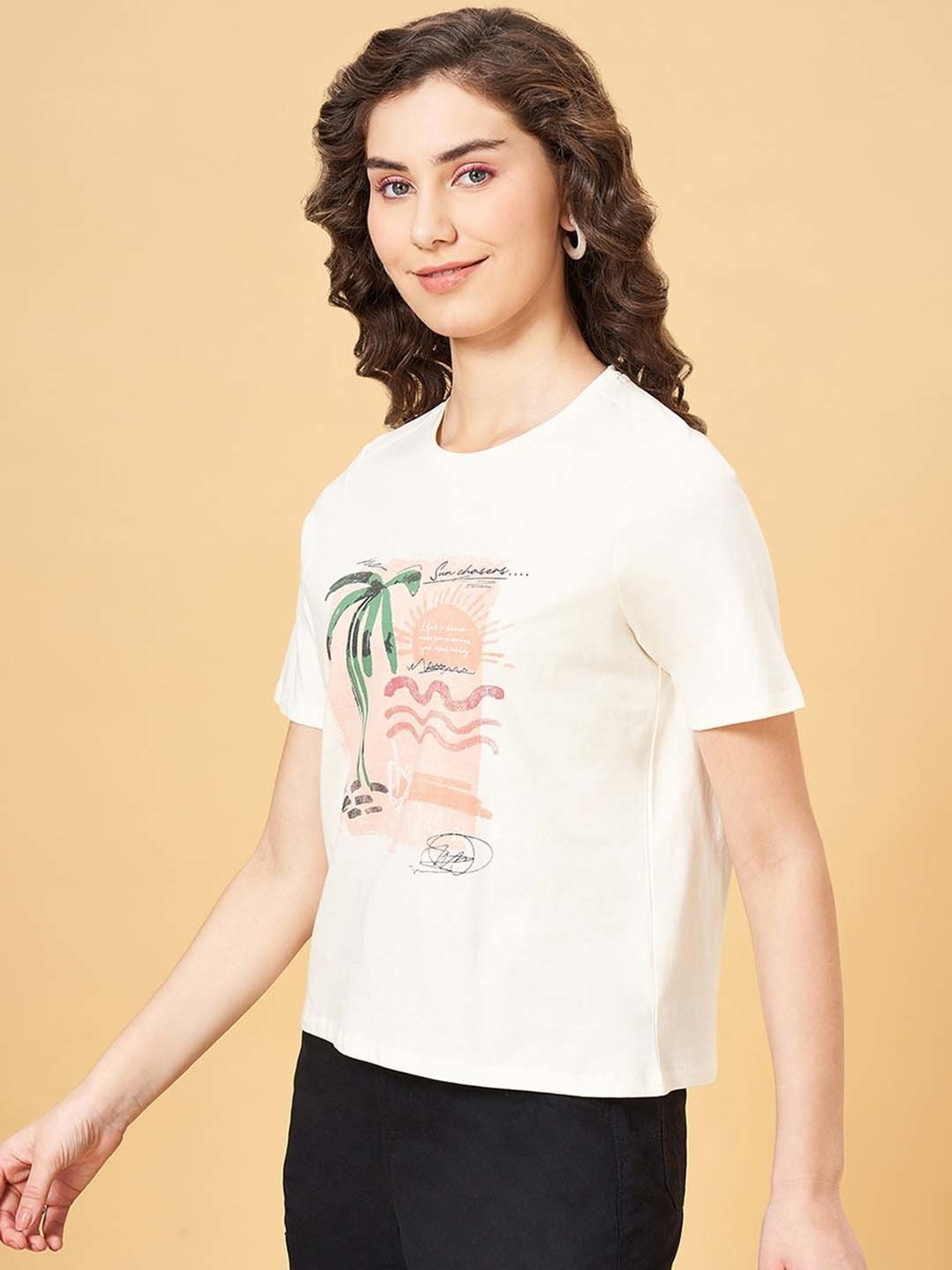 People by Pantaloons White Cotton Printed T-Shirt