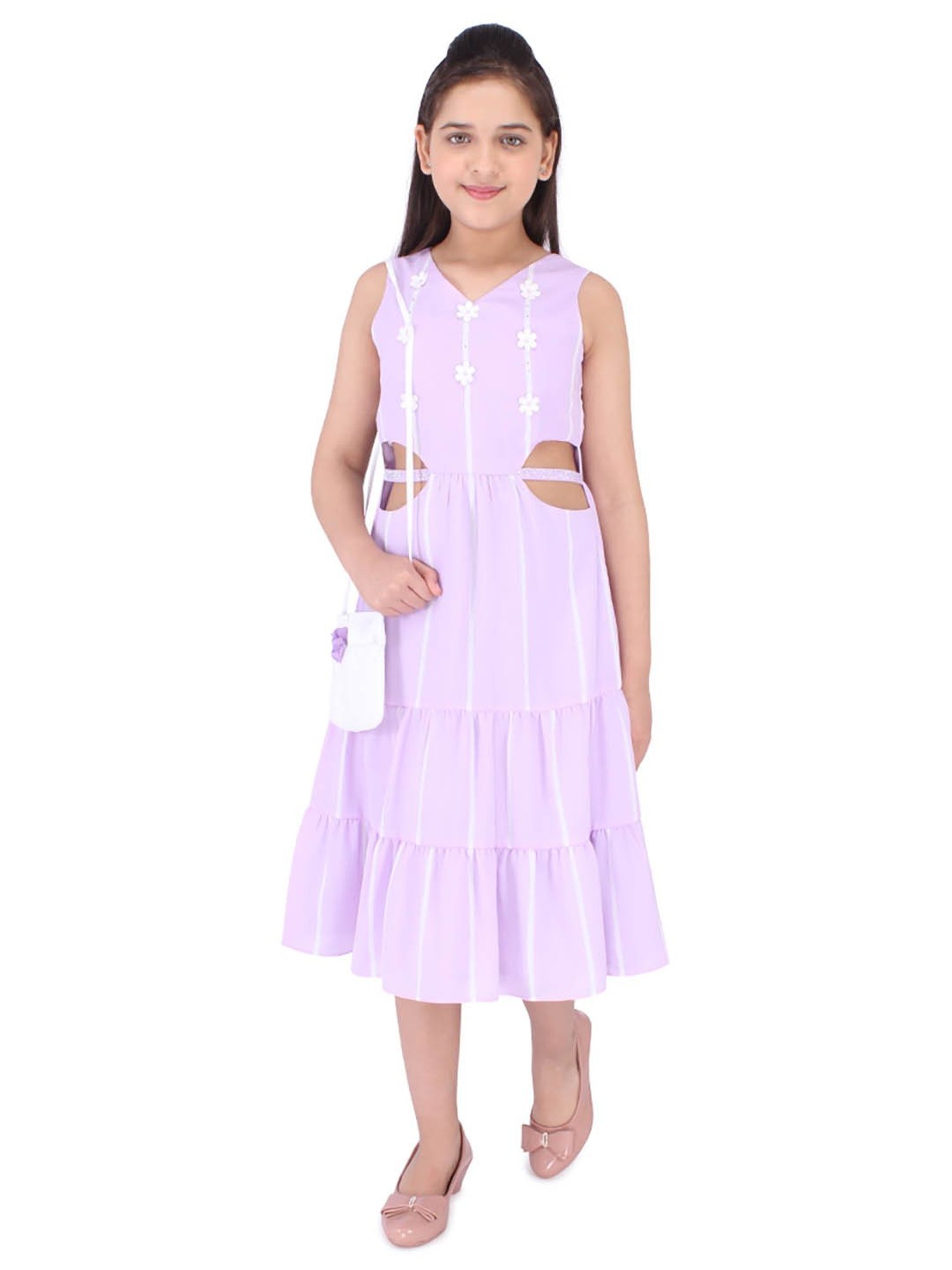 Cutecumber Kids Lilac Striped Dress with Sling Bag