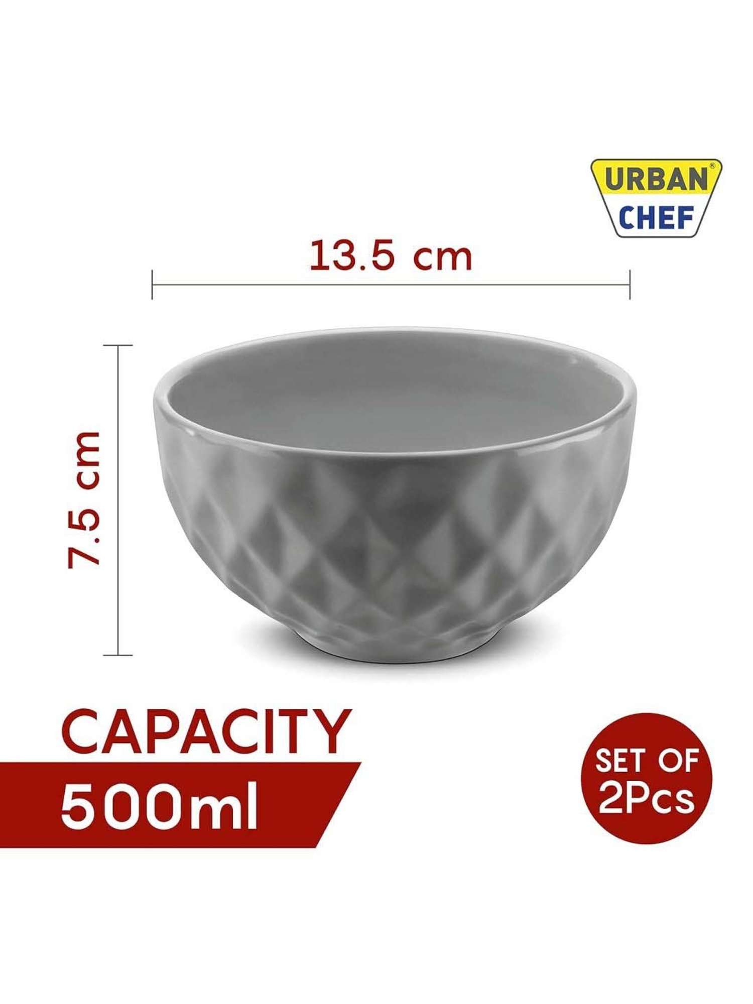 Urban Chef Grey Ceramic Handcrafted Microwave Safe Bowl (0.5 L) - Set of 2