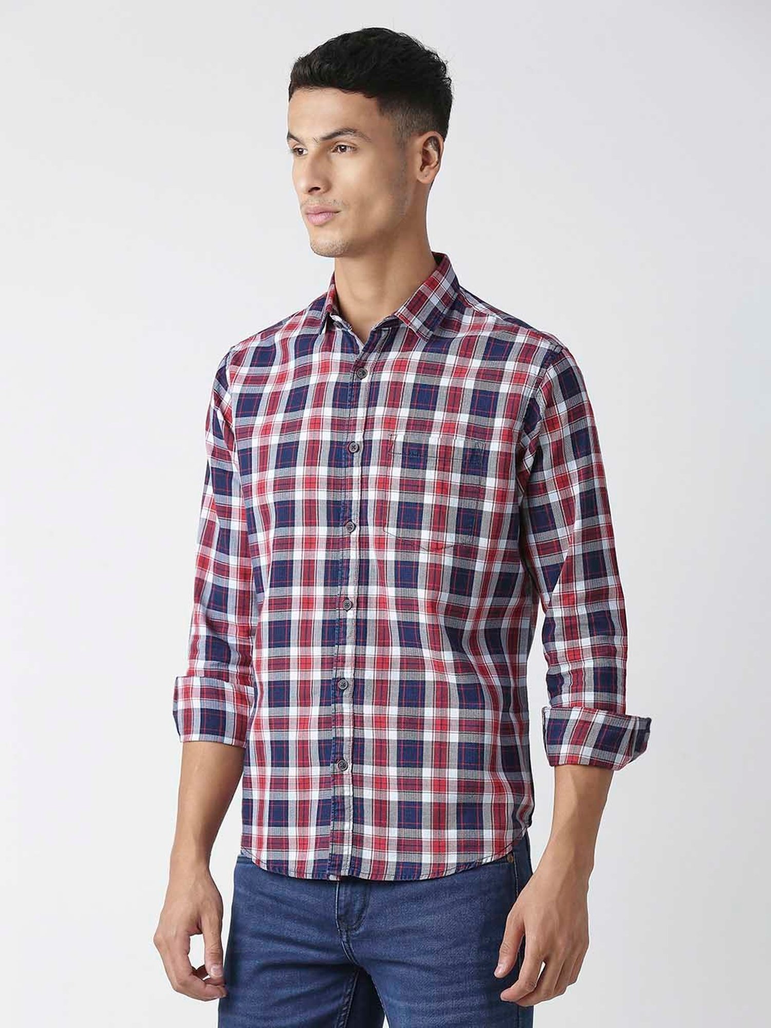 HJ HASASI Blue & Red Slim Fit Check Cotton Shirt