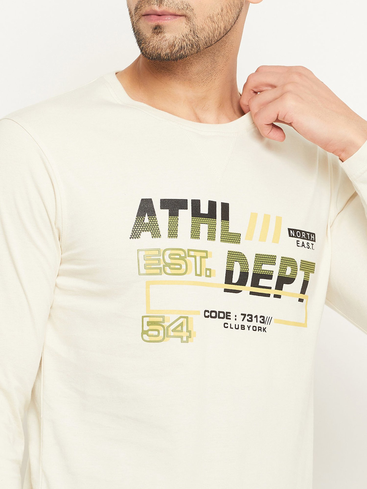 Club York Off White Regular Fit Printed Crew T-Shirt