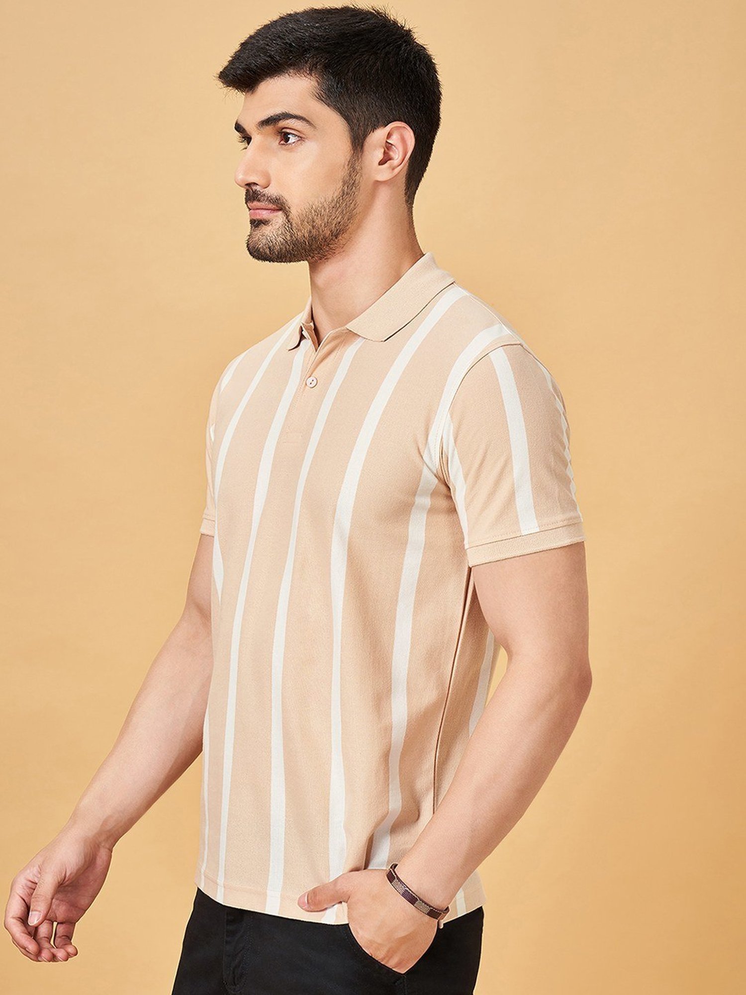 Byford By Pantaloons Beige Slim Fit Striped Polo T-Shirt