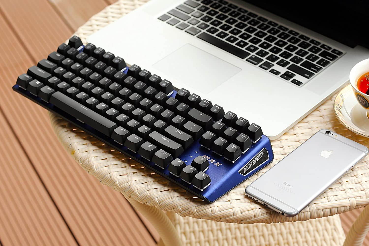 Rantopad MXX Mechanical Gaming Keyboard - 87 Keys,White Backlit, Blue Switches, Blue Aluminum Cover, N-Key Rollover