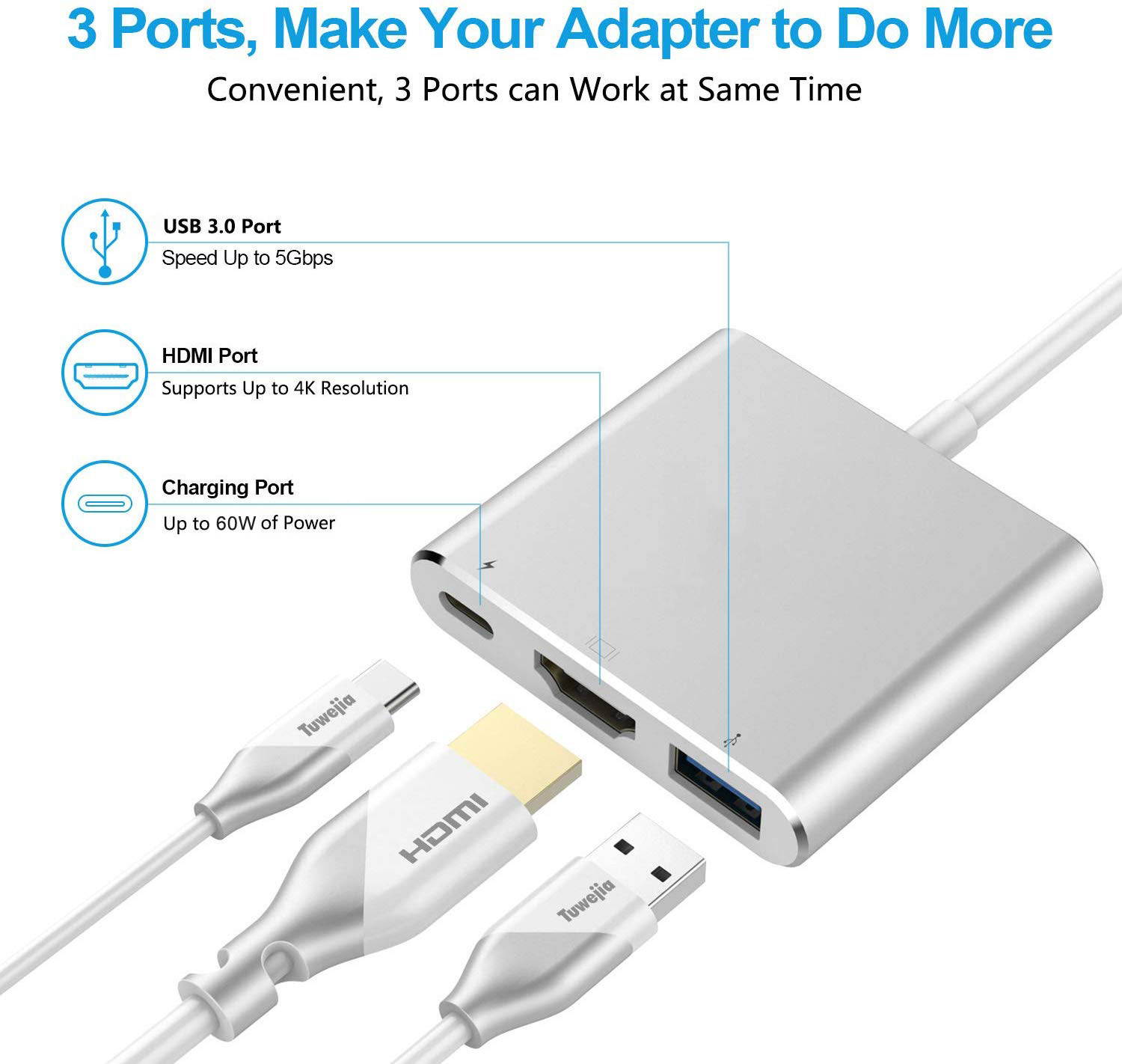 Aigrous USB C to HDMI Multiport Adapter USB 3.1 Gen 1 Thumderbolt 3 to HDMI 4K Video Converter/USB 3.0 hub Port PD Quick Charging Port with Large Projection for 2015/16/17/18 MacBook/MacBook Pro