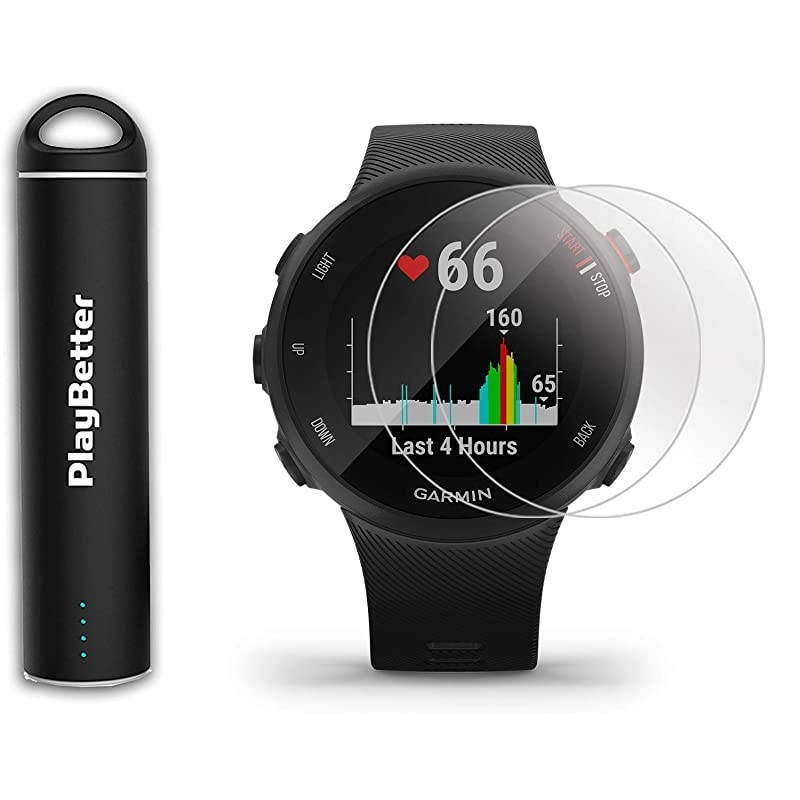 Garmin Forerunner 45S GPS Running Watch Power Bundle | Includes  Portable Charger & HD Screen Protectors | Running Heart Rate Watch | Pace, Distance, Stress Tracking | Black, 010-02156-02
