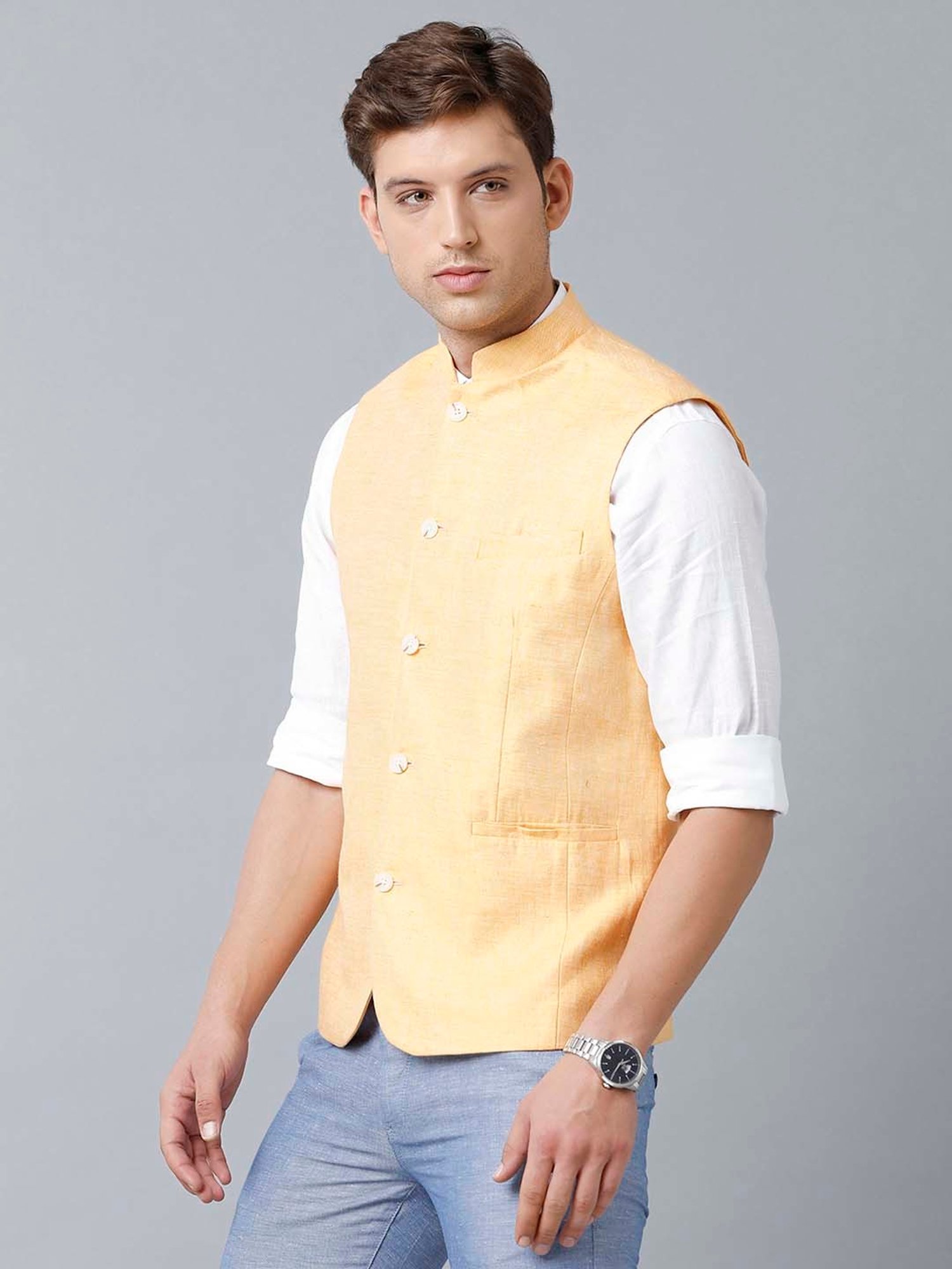 Linen Club Yellow Regular Fit Nehru Jacket