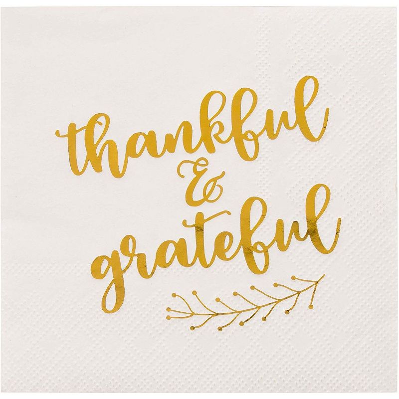 Blue Panda 50-Pack Thankful & Grateful in Gold Foil Thanksgiving Paper Cocktail Napkins Fall Party Supplies