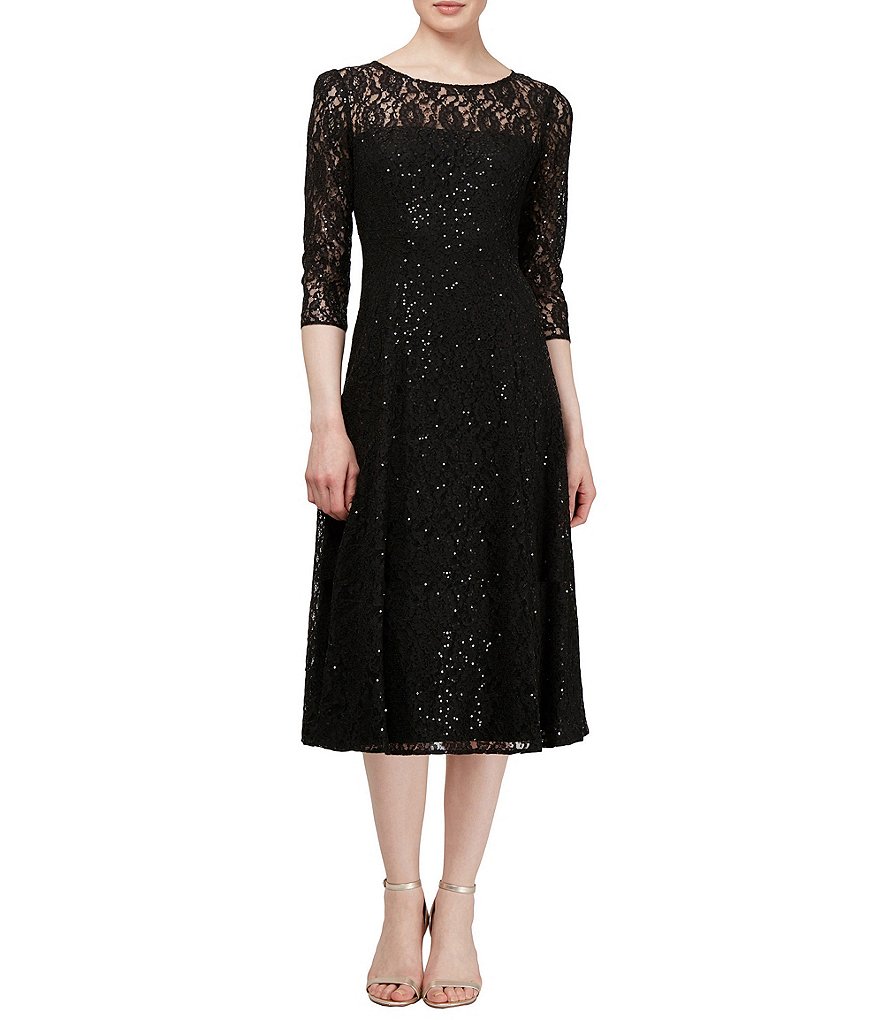 Ignite Evenings Petite Size Round Neck 3/4 Sleeve Tea Length Sequin Lace Dress