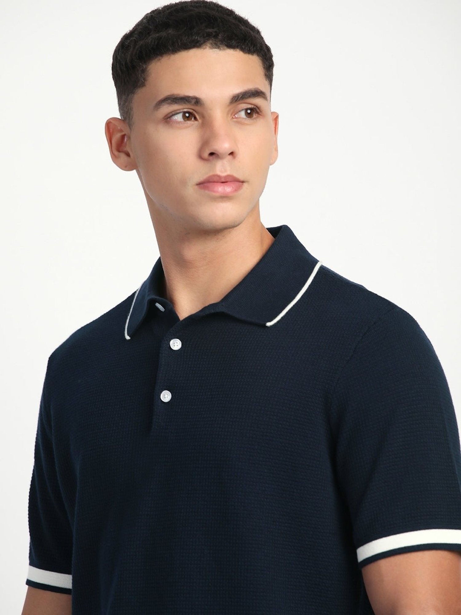 The Bear House Blue Cotton Regular Fit Self Pattern Polo T-Shirt