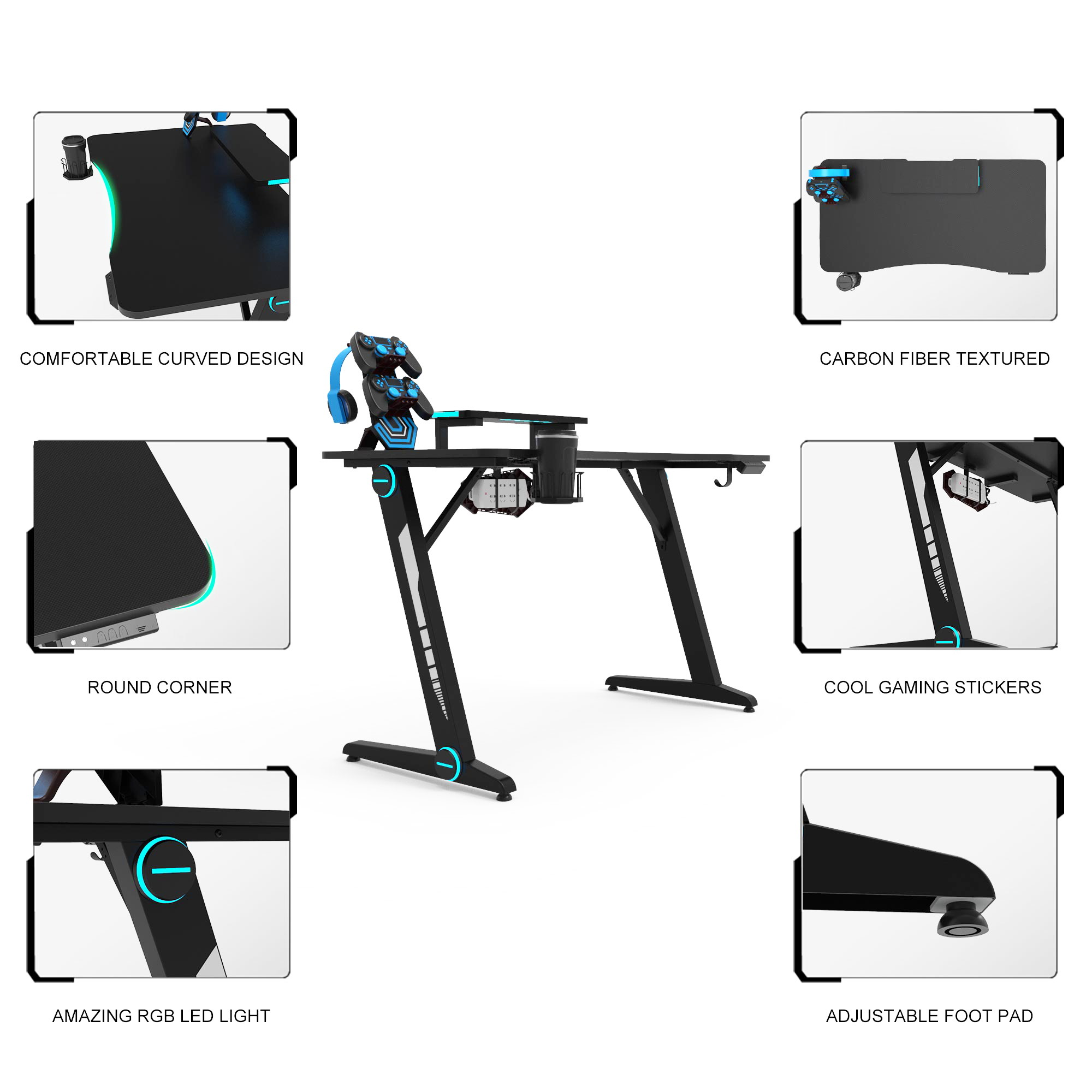 Gaming Desk Z-Shaped Computer Desk Gamer Workstation Gamer Table with RGB Lights Monitor Stand Carbon Fiber Surface Cup Holder Headphone Hook Plug Board Holder