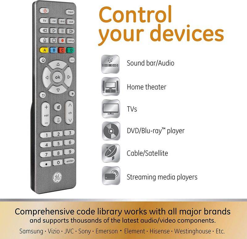 GE Backlit Universal Remote Control for Samsung, Vizio, LG, Sony, Sharp, Roku, Apple TV, TCL, Panasonic, Smart TV, Streaming Players, Blu-Ray, DVD, Simple Setup, 4-Device, Graphite, 48848