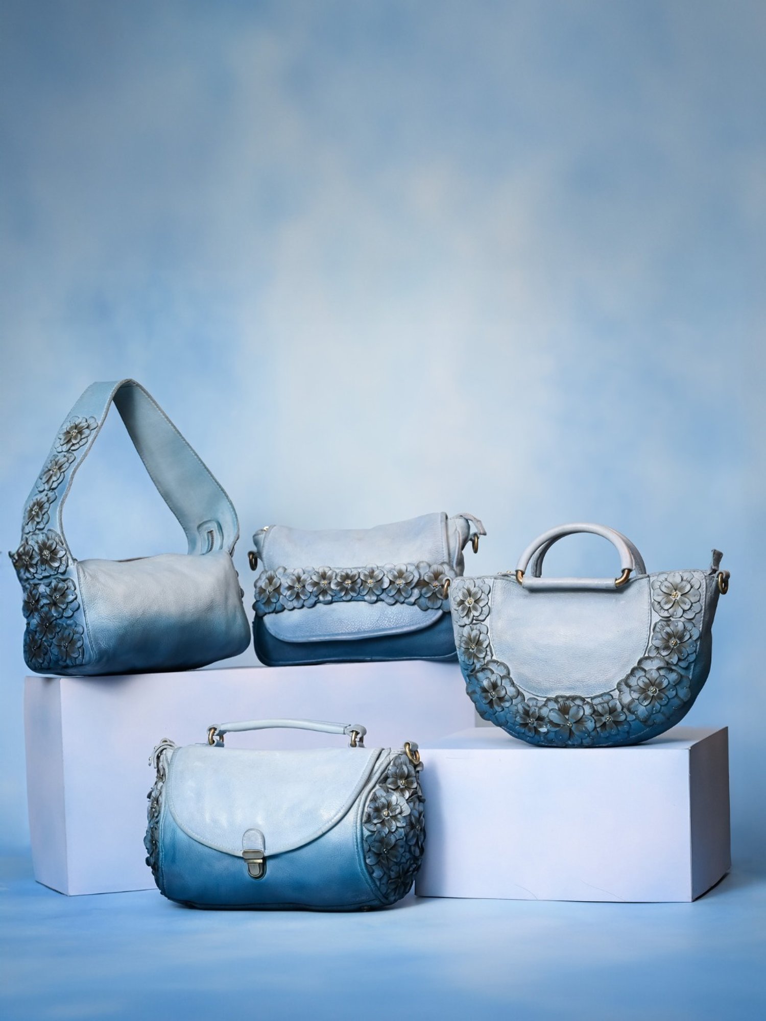 Art N Vintage Azure Aster Blue Leather Floral Medium Sling Handbag