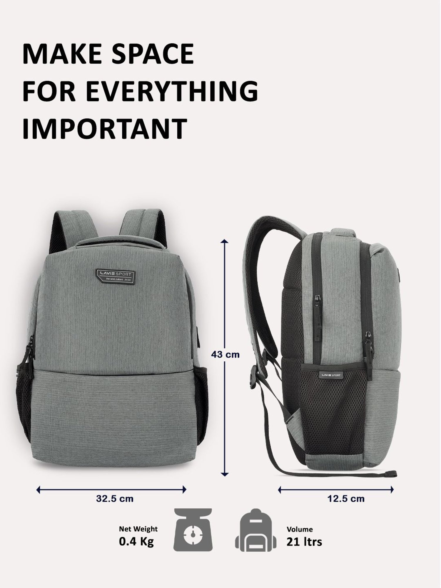 Lavie Sport Pex Grey Polyester Solid Laptop Backpack - 21 Ltrs