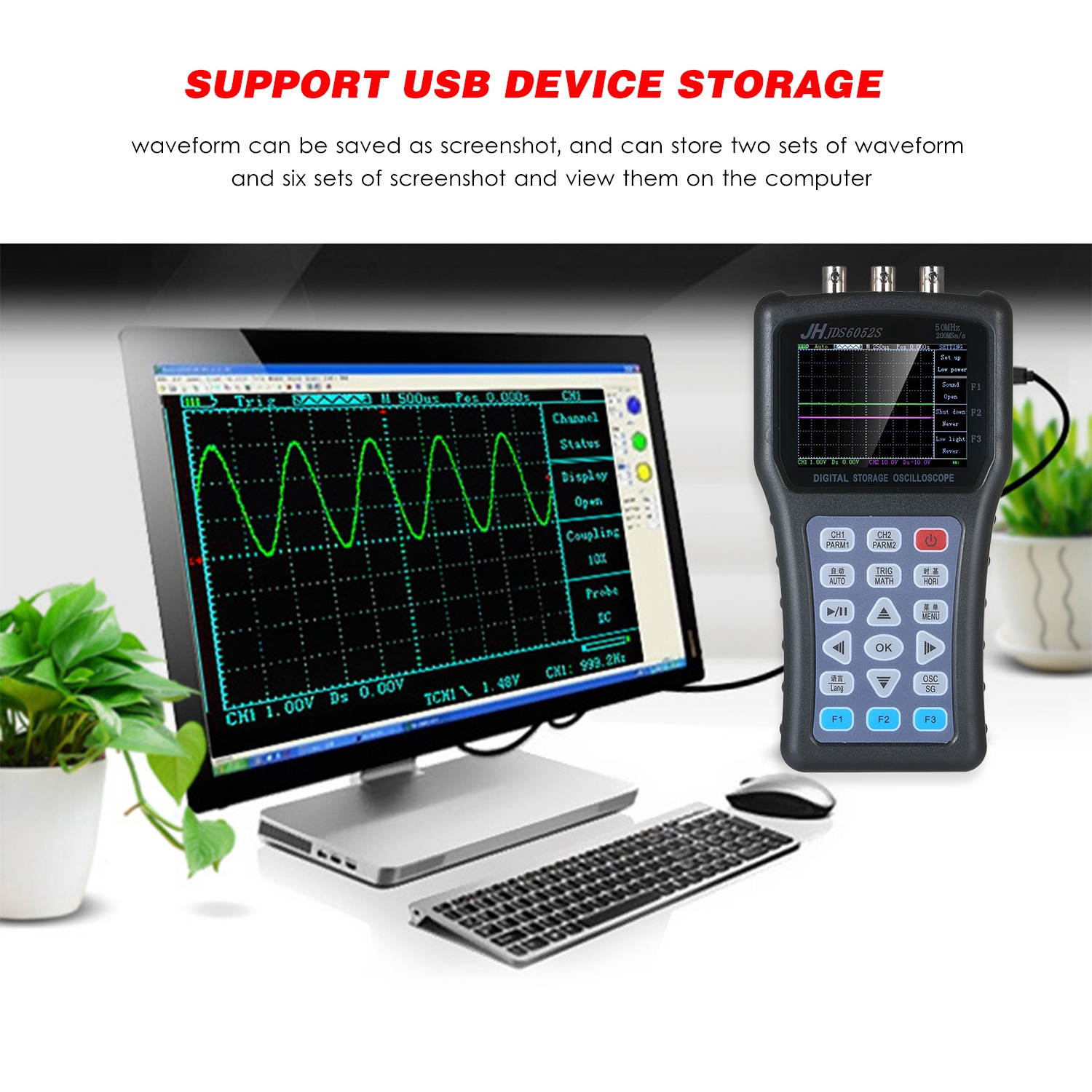 2-in-1 Oscilloscope & Function Signal Generator Dual Channel Oscilloscope Handheld Portable Digital Scope Meter Signal Generator 2CH Digital Storage Oscilloscope 50MHz 100MSa/s