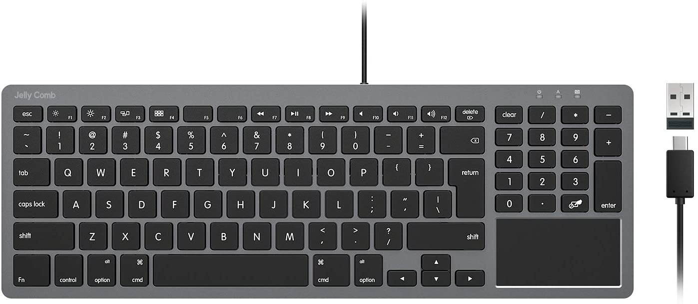 Wired Keyboard for Mac OS, Jelly Comb 2-in-1 (USB+Type C) Wired Keyboard with Touchpad Ultra Slim Compact USB Keyboard with Numeric Keypad for Mac OS/iPad Pro/iPad 2020-Black and Grey K068