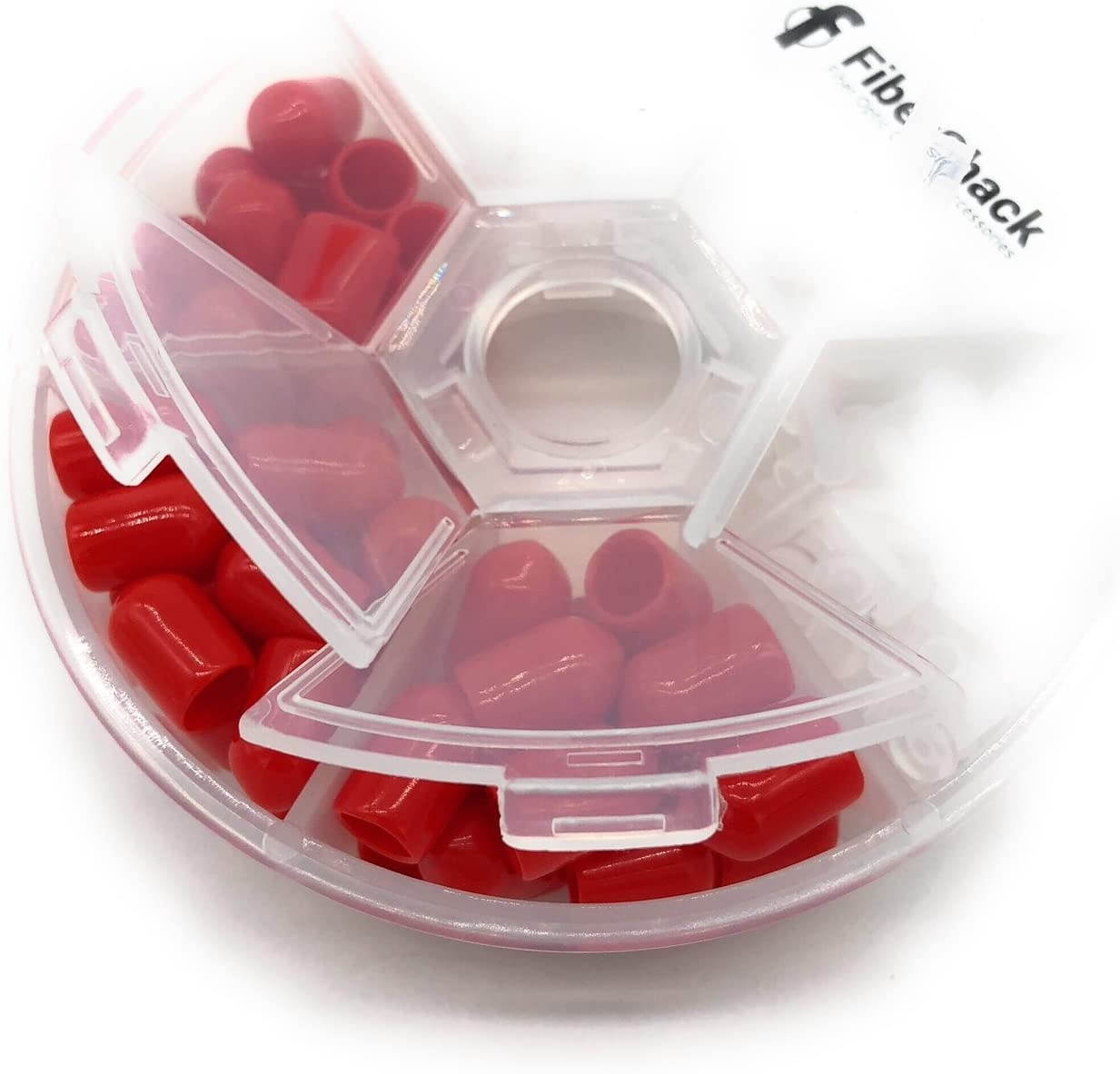FiberShack - Dust Cap Kit for Fiber Optic Cables End Faces and Devices. Contains 200 2.5mm Clear FC/SC/ST Ferrules and 50 Red ST Debris Covers - Includes Durable Compartment Carry case