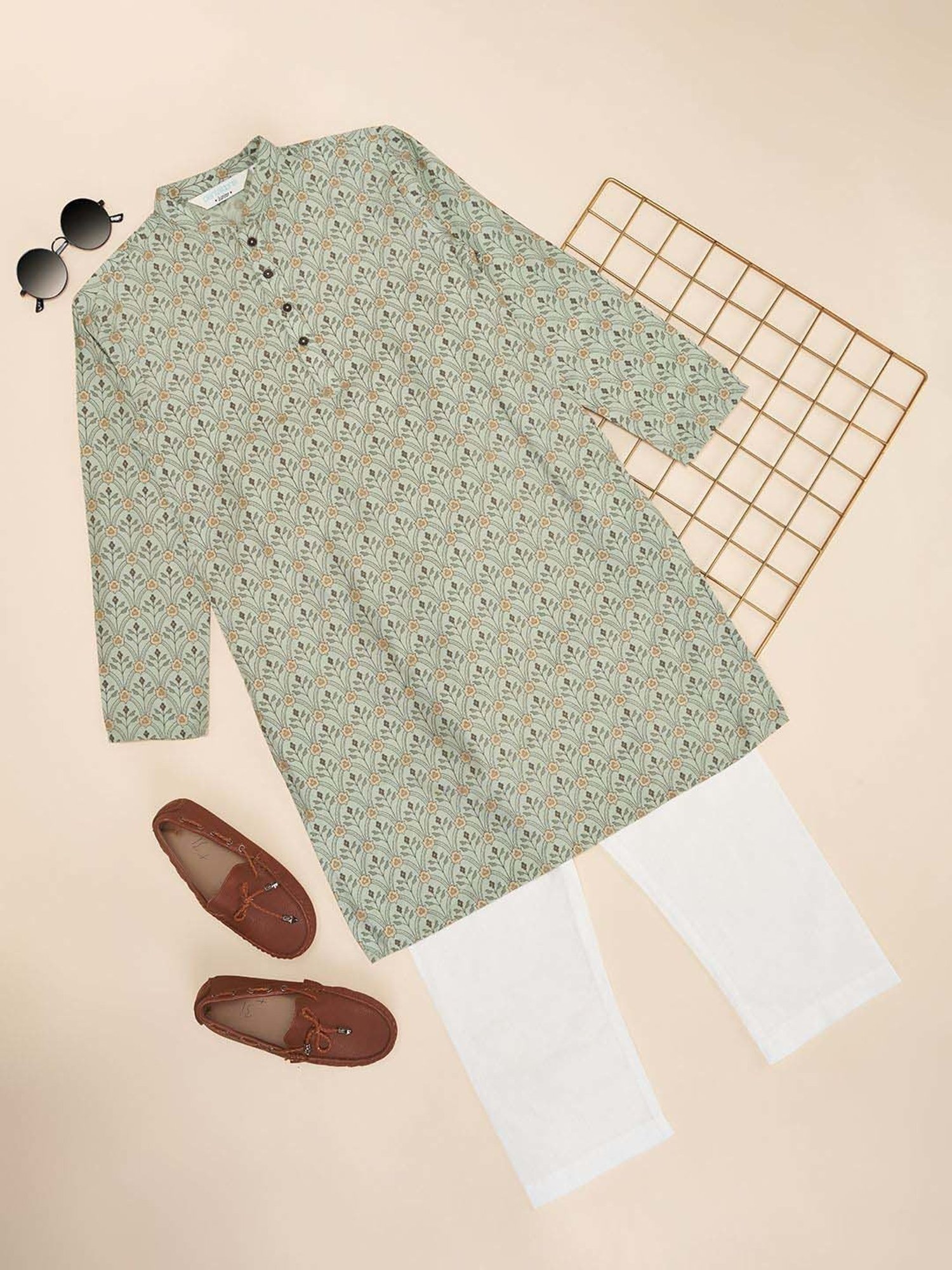 Indus Route by Pantaloons Boys Desert Sage Printed Full Sleeves Kurta Sets