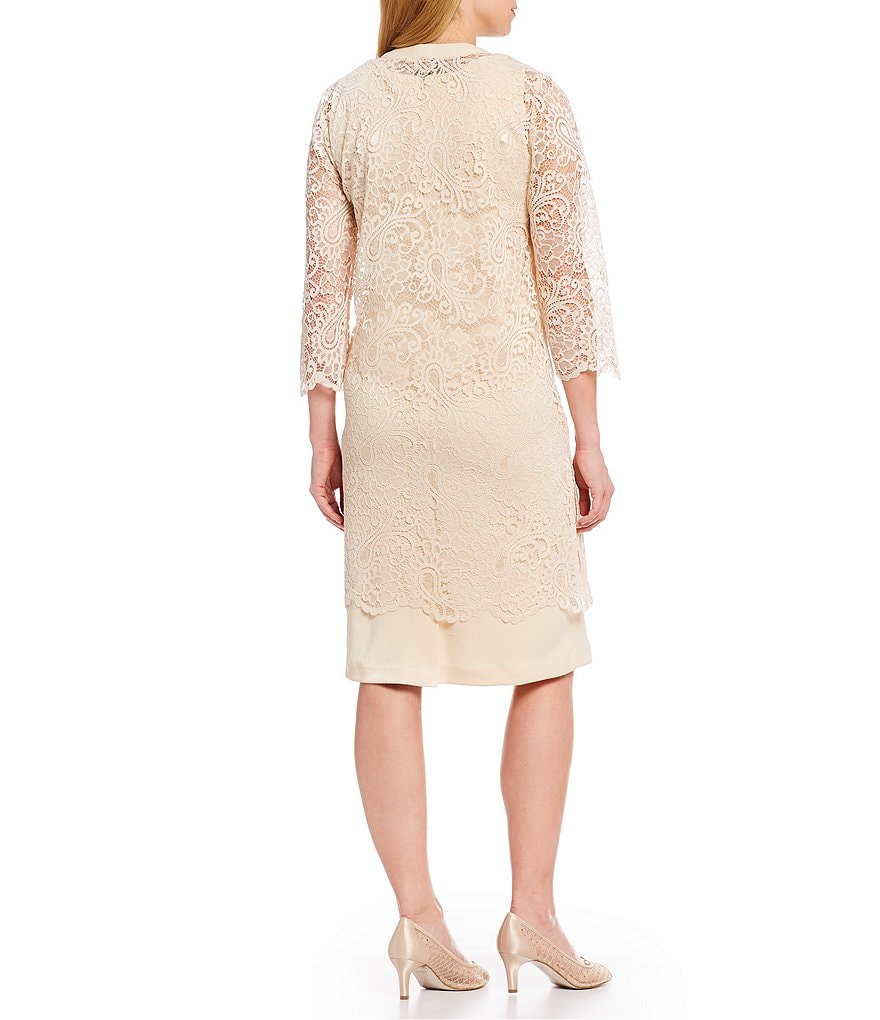 Le Bos V-Neck 3/4 Sleeve 2-Piece Lace Jacket Stretch Dress