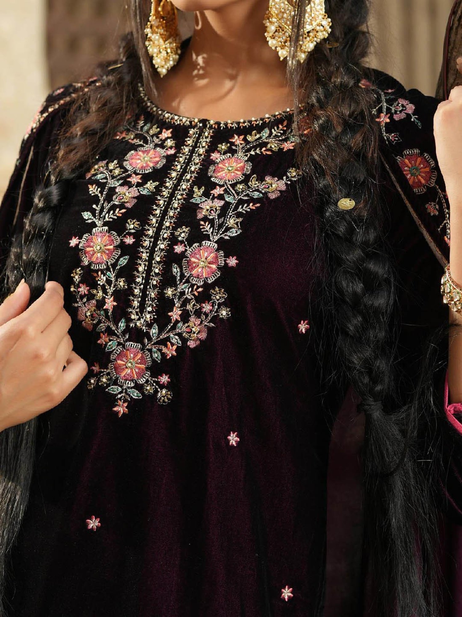 SCAKHI Maroon Embroidered Velvet Kurta With Pants & Dupatta