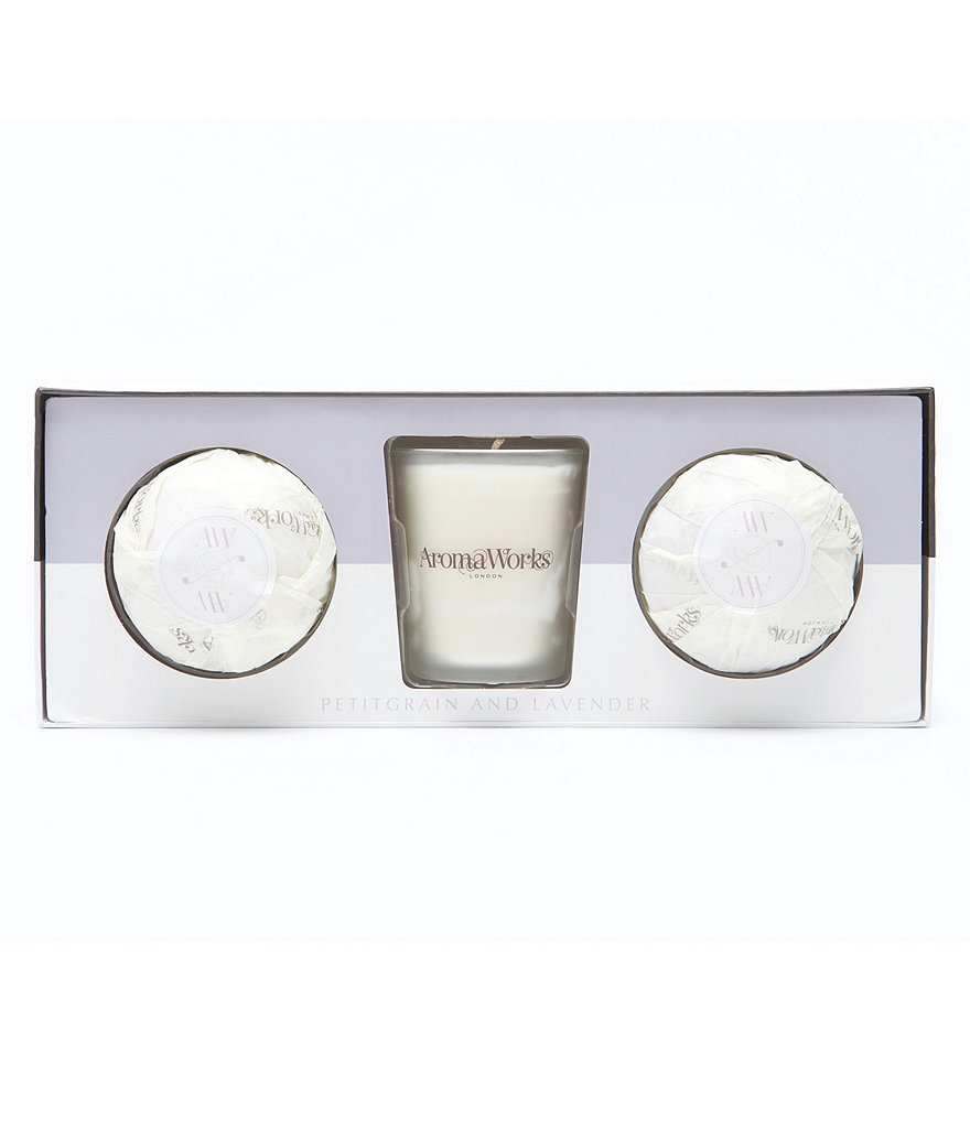 AromaWorks London Light Range Petitgrain & Lavender 10cl Candle & Mini Aromabomb Gift Set