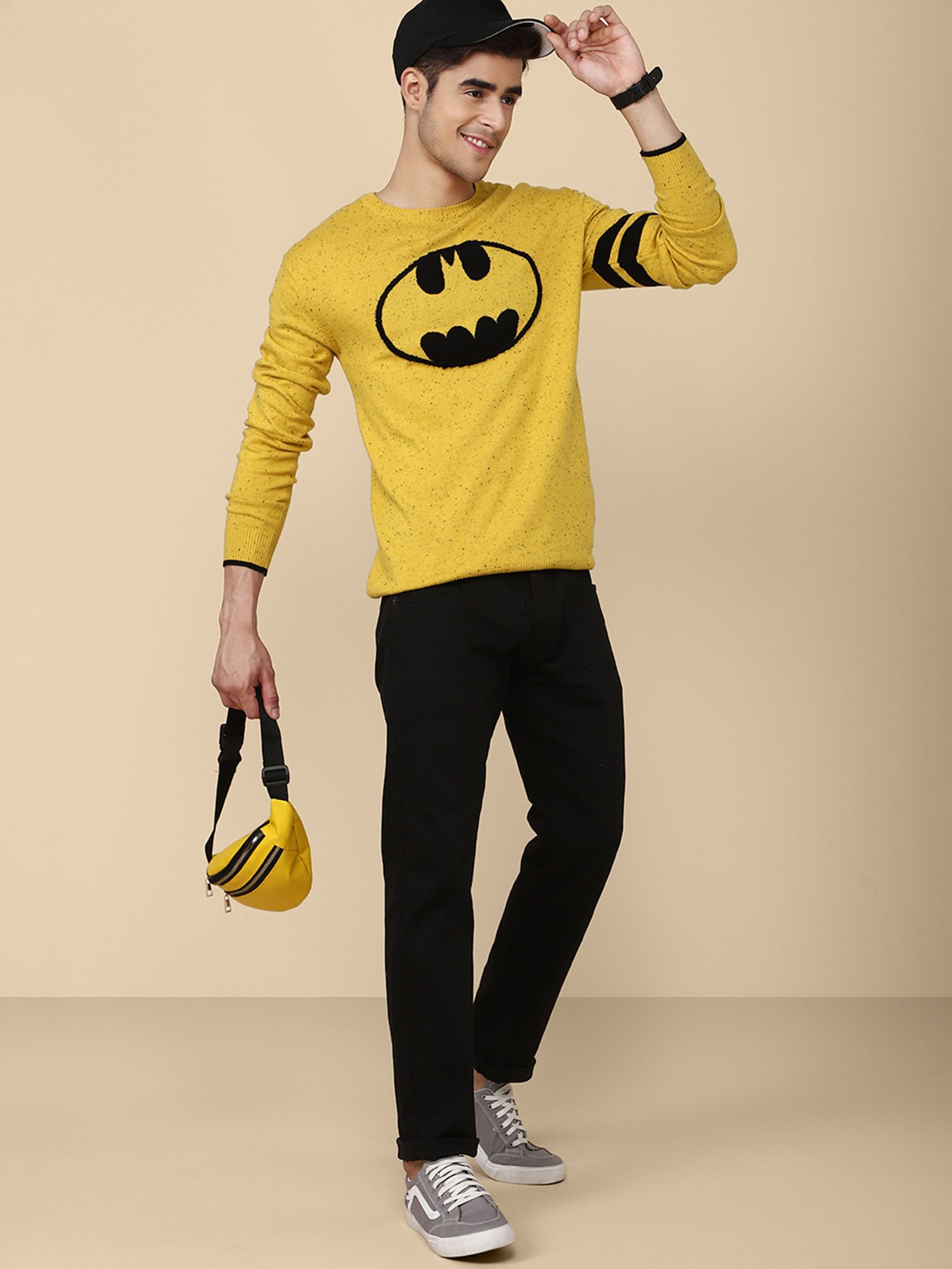 Free Authority Yellow & Black Regular Fit Batman Printed Sweater