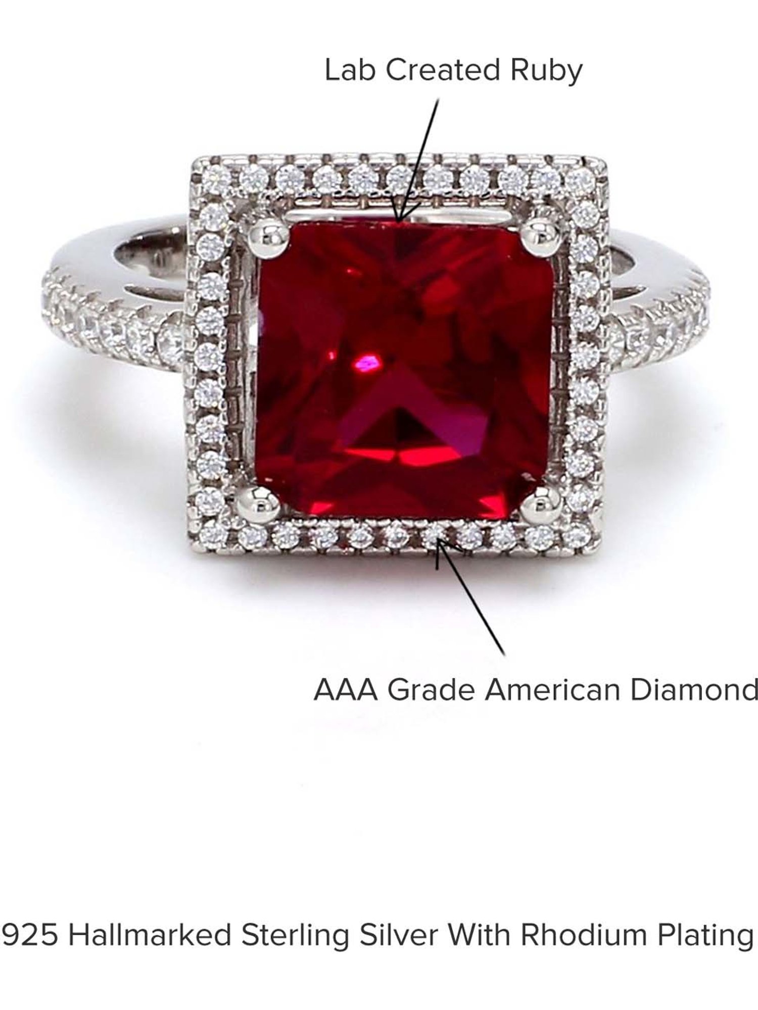 925 Silver Princess Cut Red Ruby and American Diamond Halo Wedding Ring for Women & Girls