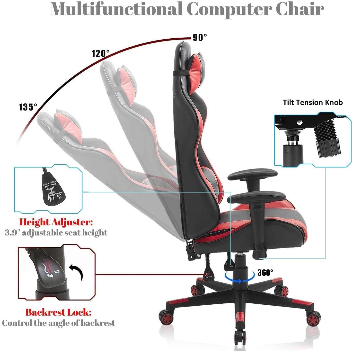 Video Game Chair, Ergonomic Computer Gaming Chair Big and Tall PC Racing Office Chair PU Leather Executive Task Chair Swivel Desk Chair with Adjustable Armrests Headrest and Lumbar Support (Red)